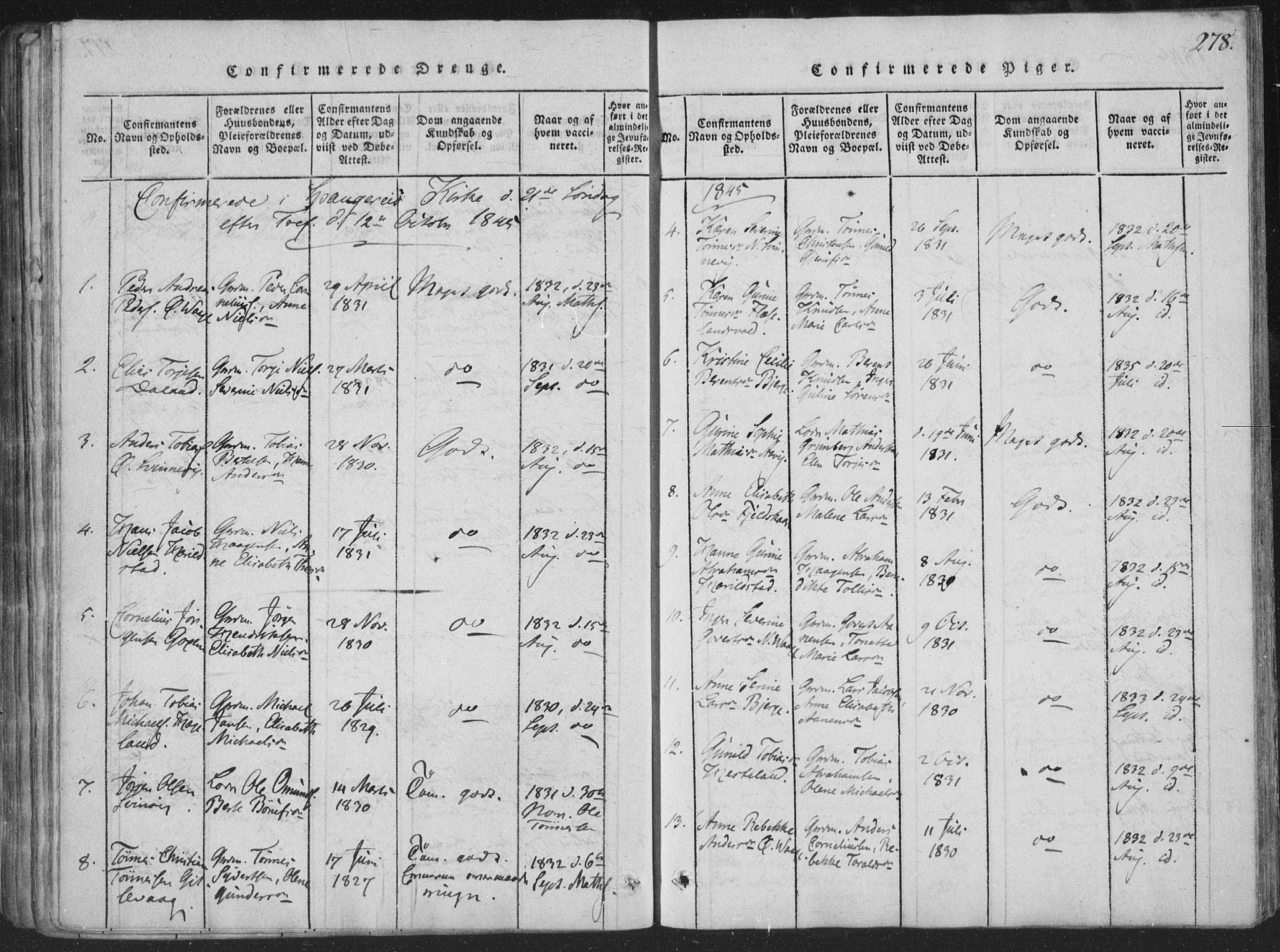 Sør-Audnedal sokneprestkontor, SAK/1111-0039/F/Fa/Faa/L0001: Parish register (official) no. A 1, 1816-1848, p. 278