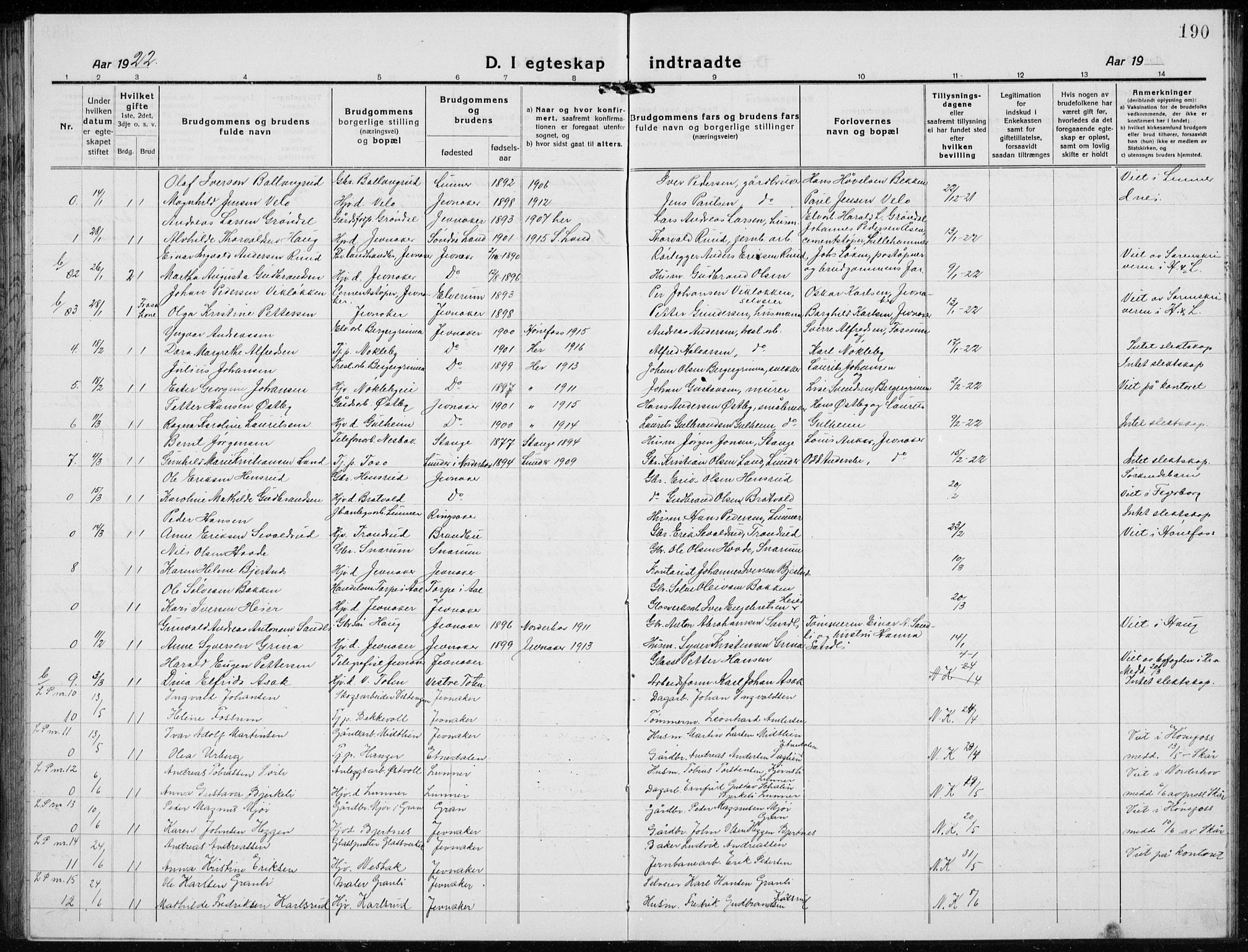 Jevnaker prestekontor, AV/SAH-PREST-116/H/Ha/Hab/L0005: Parish register (copy) no. 5, 1919-1934, p. 190