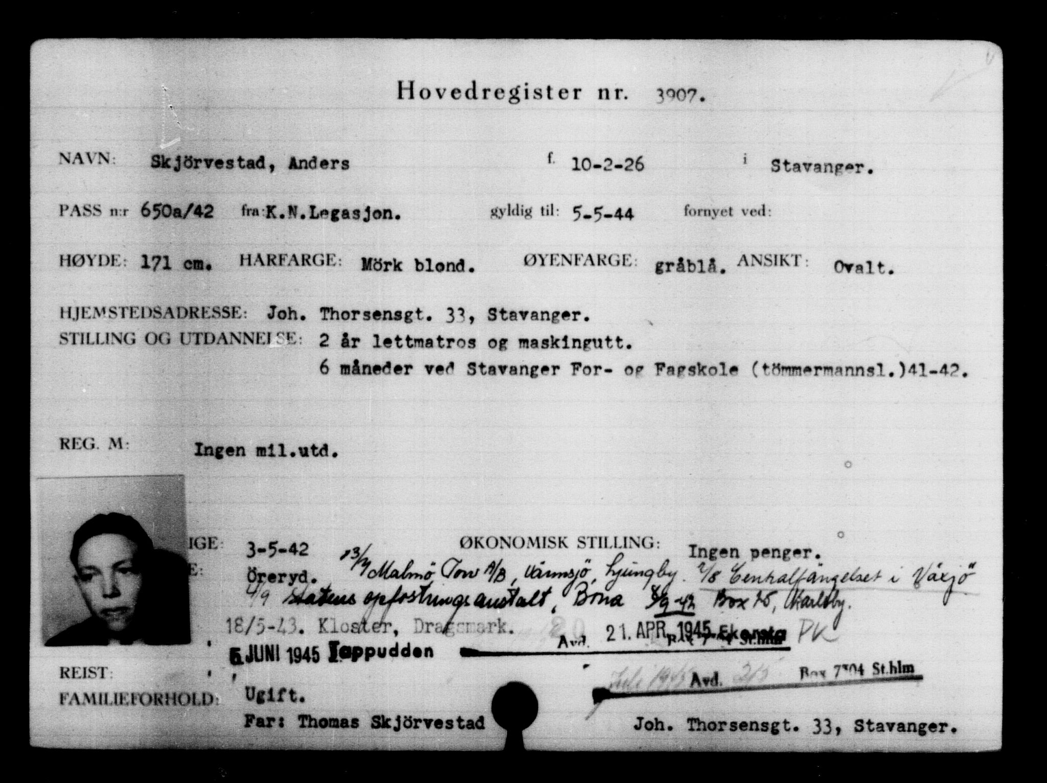 Utenriksstasjonene, Legasjonen i Stockholm, Flyktningkontoret, AV/RA-S-6753/V/Va/L0004: Kjesäterkartoteket, flyktninger med registreringsnr. 3496-6610, 1940-1945, p. 480