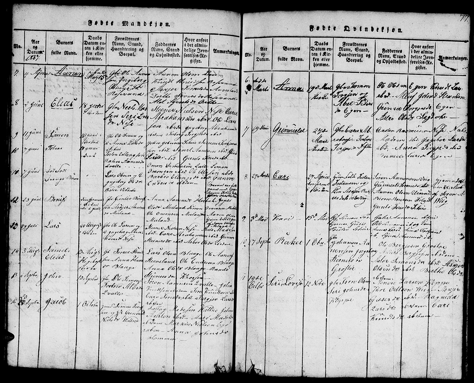 Hægebostad sokneprestkontor, AV/SAK-1111-0024/F/Fb/Fbb/L0001: Parish register (copy) no. B 1, 1816-1850, p. 77