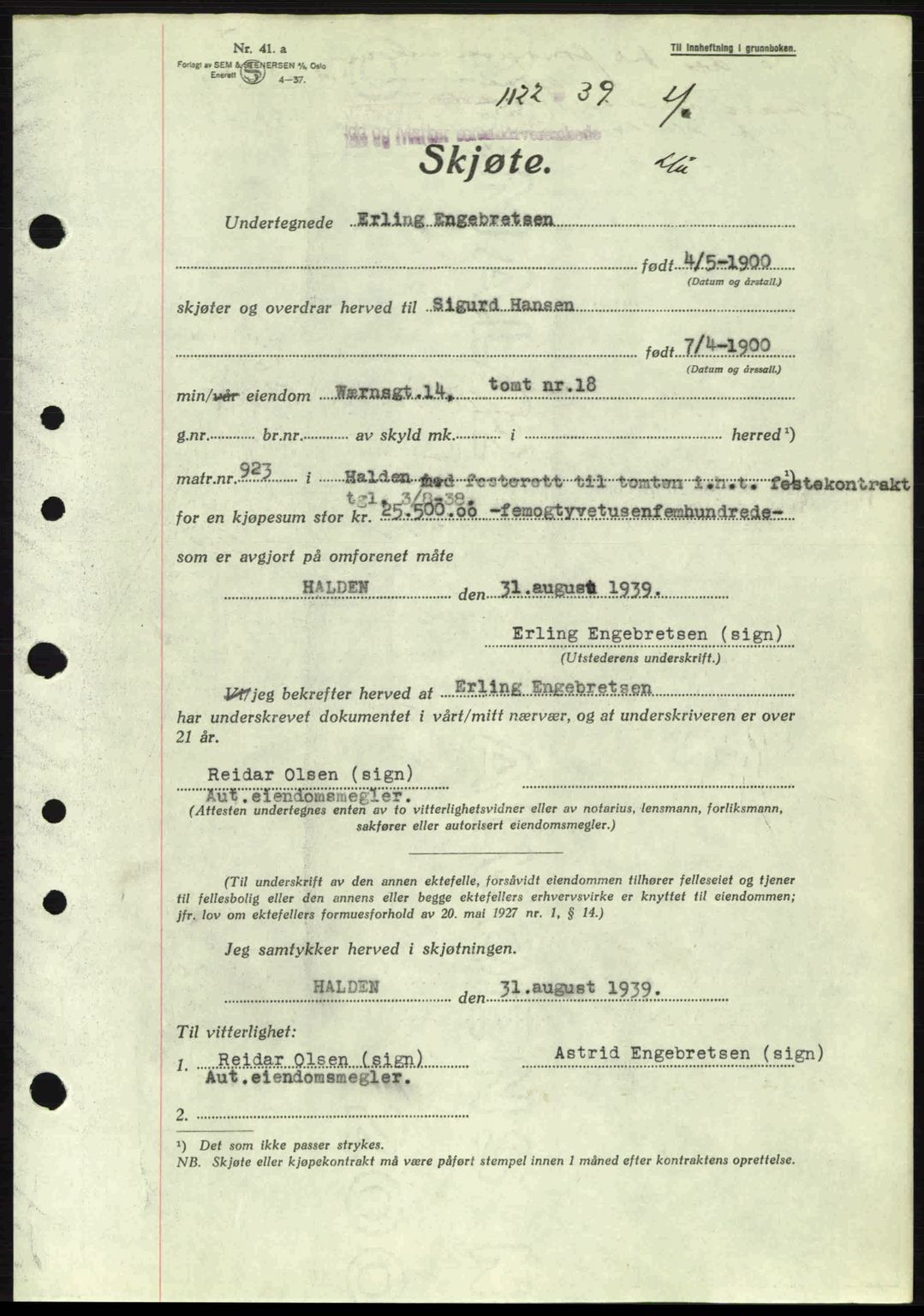 Idd og Marker sorenskriveri, AV/SAO-A-10283/G/Gb/Gbb/L0003: Mortgage book no. A3, 1938-1939, Diary no: : 1122/1939