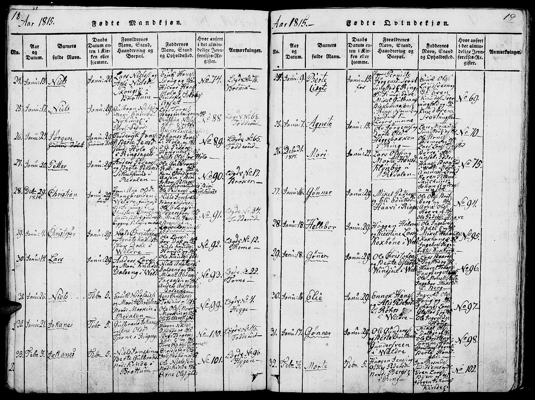 Ringsaker prestekontor, AV/SAH-PREST-014/L/La/L0001: Parish register (copy) no. 1, 1814-1826, p. 18-19