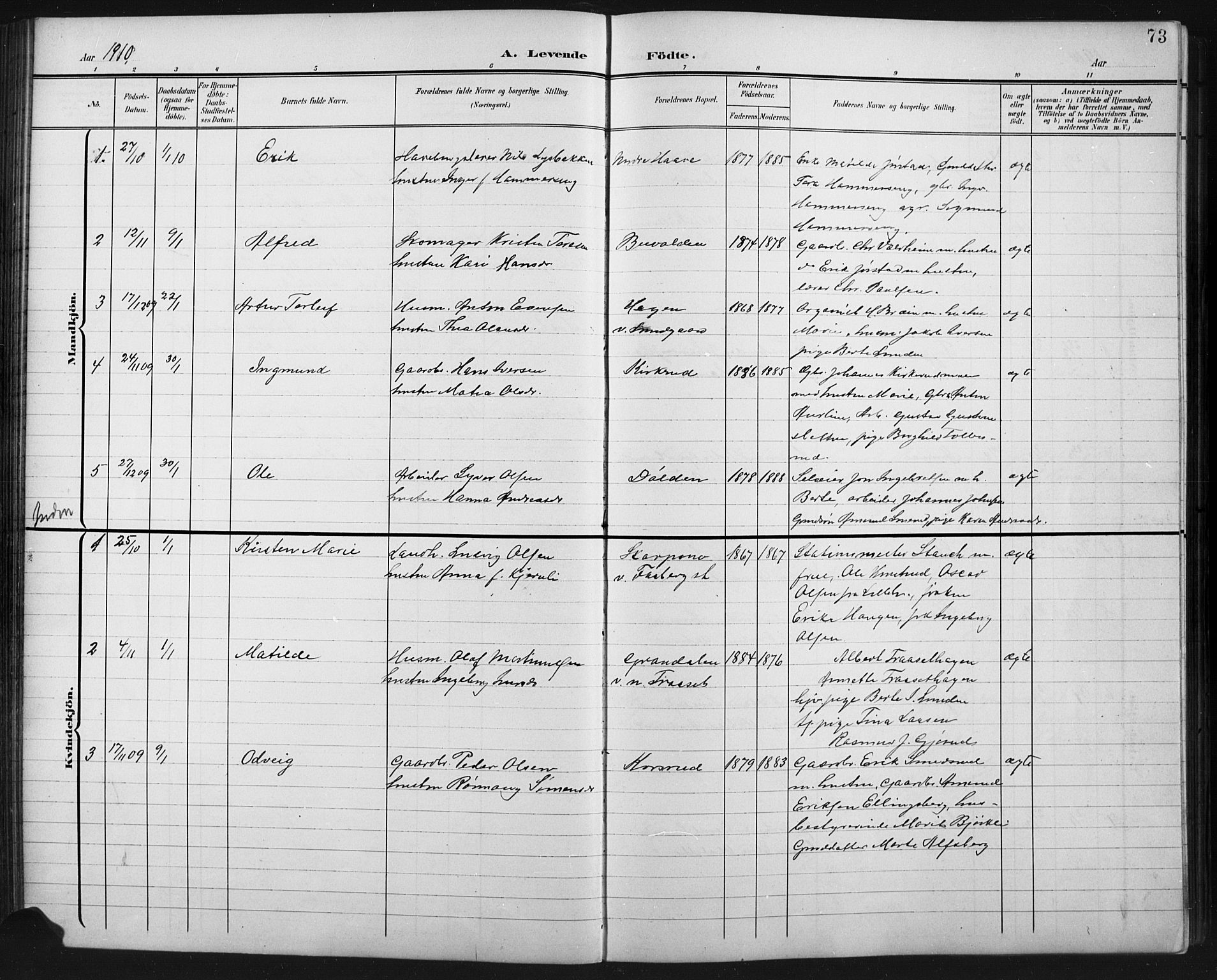 Fåberg prestekontor, AV/SAH-PREST-086/H/Ha/Hab/L0011: Parish register (copy) no. 11, 1901-1921, p. 73
