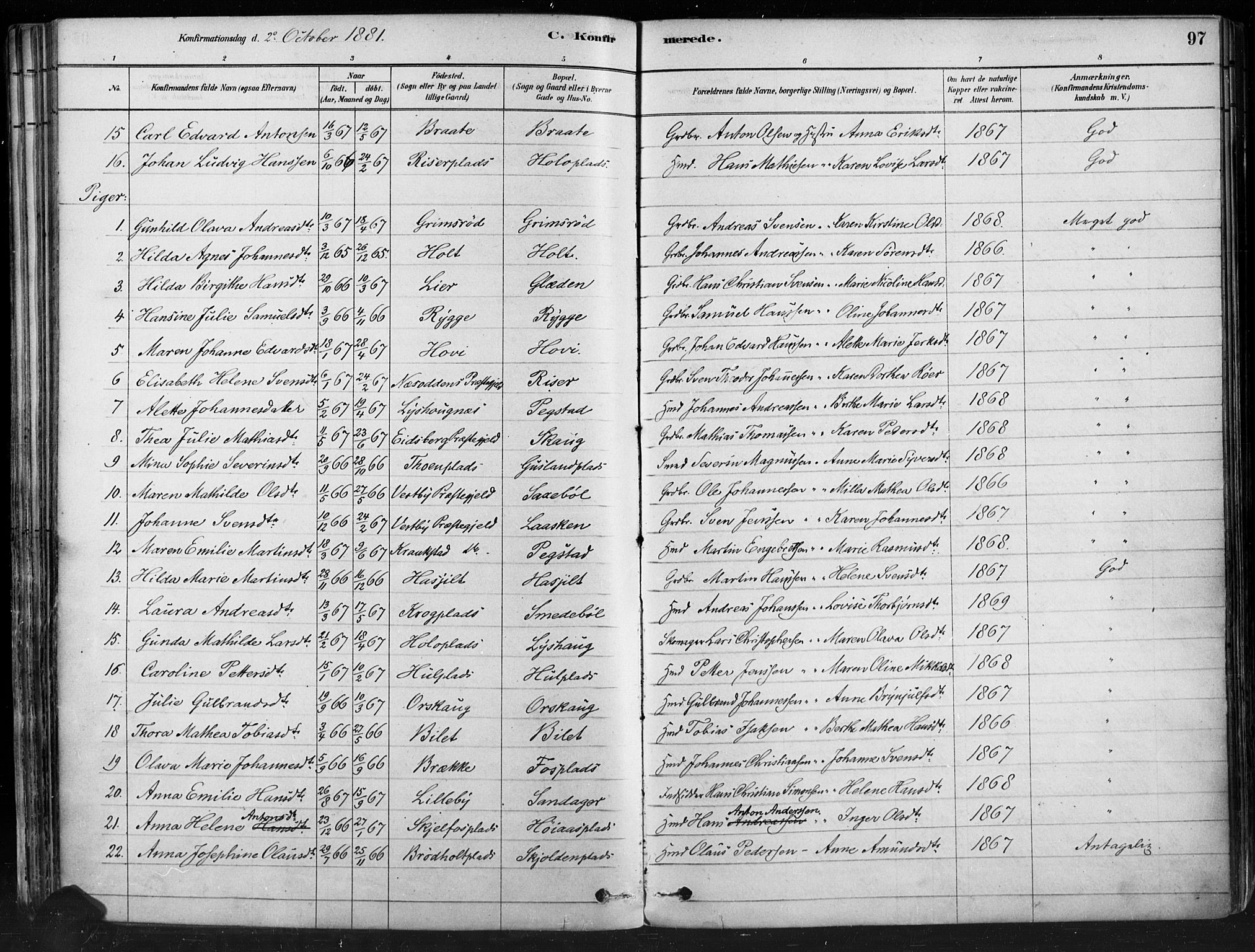 Hobøl prestekontor Kirkebøker, AV/SAO-A-2002/F/Fa/L0005: Parish register (official) no. I 5, 1878-1904, p. 97