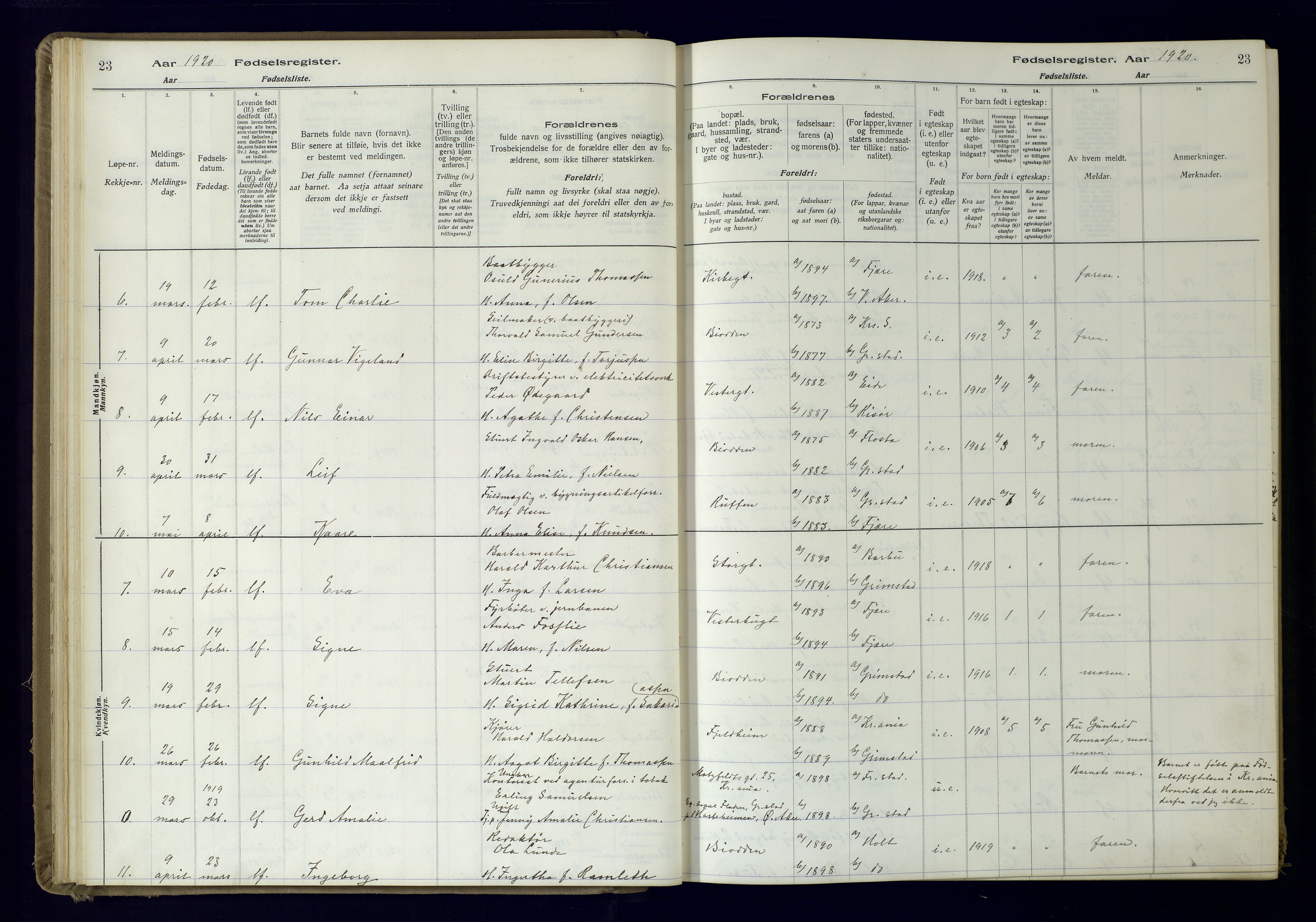 Grimstad sokneprestkontor, AV/SAK-1111-0017/J/Ja/L0001: Birth register no. 1, 1916-1960, p. 23