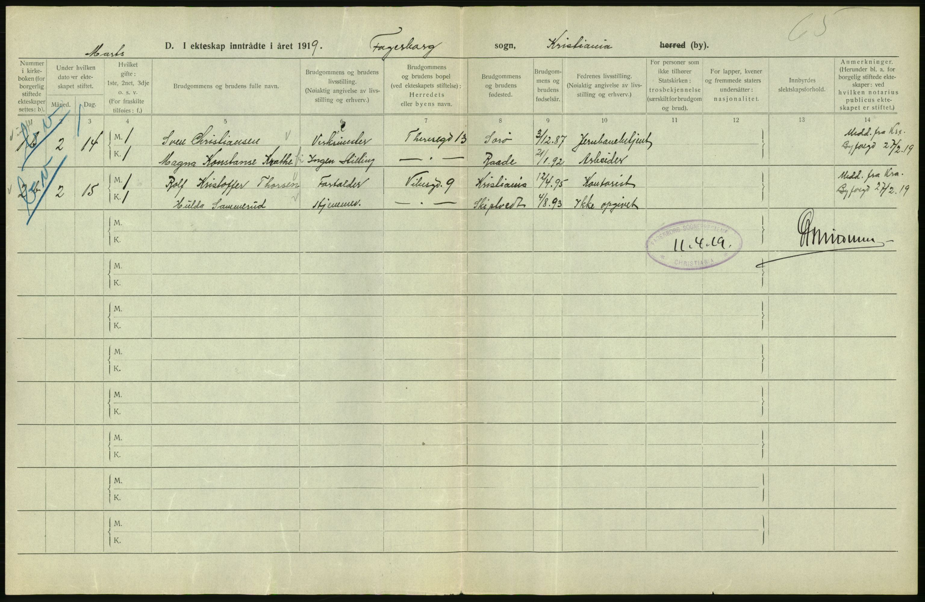 Statistisk sentralbyrå, Sosiodemografiske emner, Befolkning, AV/RA-S-2228/D/Df/Dfb/Dfbi/L0009: Kristiania: Gifte, 1919, p. 276