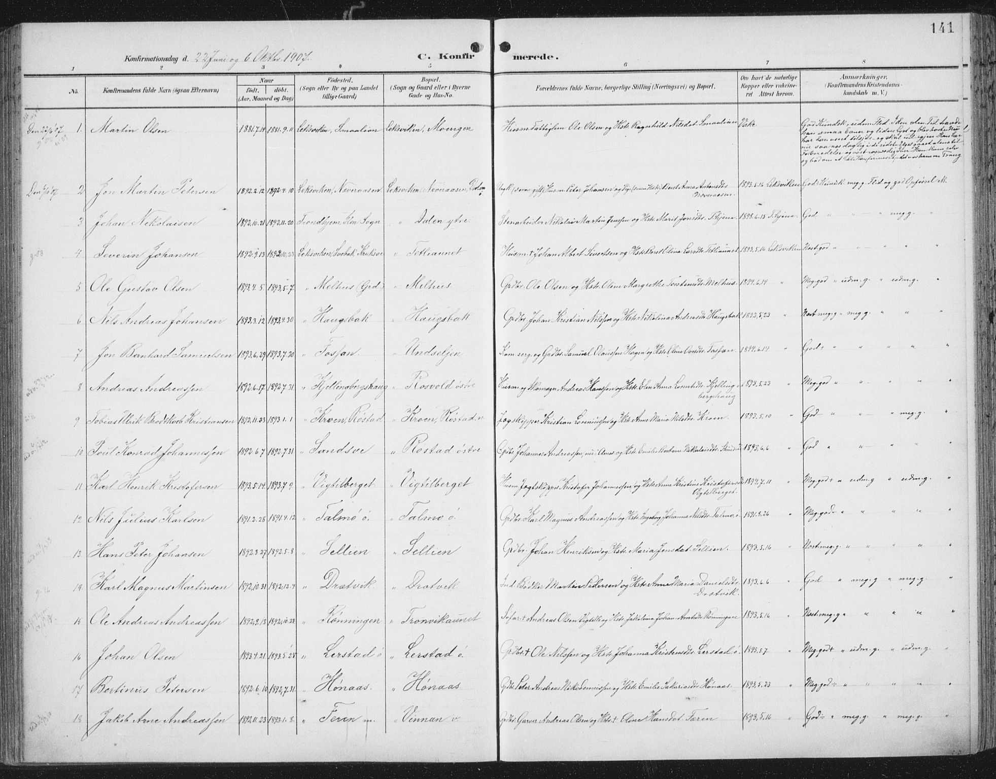Ministerialprotokoller, klokkerbøker og fødselsregistre - Nord-Trøndelag, SAT/A-1458/701/L0011: Parish register (official) no. 701A11, 1899-1915, p. 141
