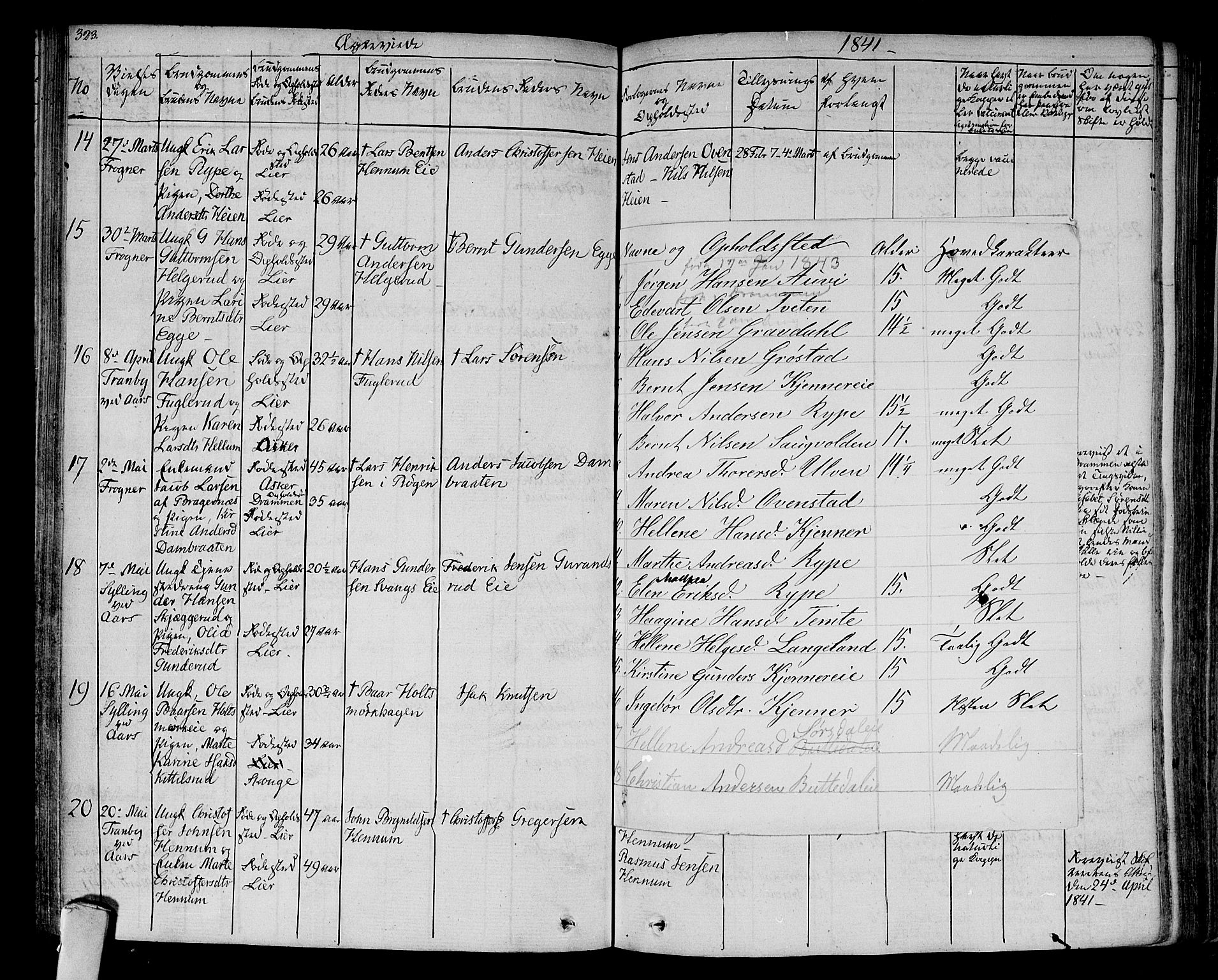 Lier kirkebøker, AV/SAKO-A-230/F/Fa/L0010: Parish register (official) no. I 10, 1827-1843, p. 323