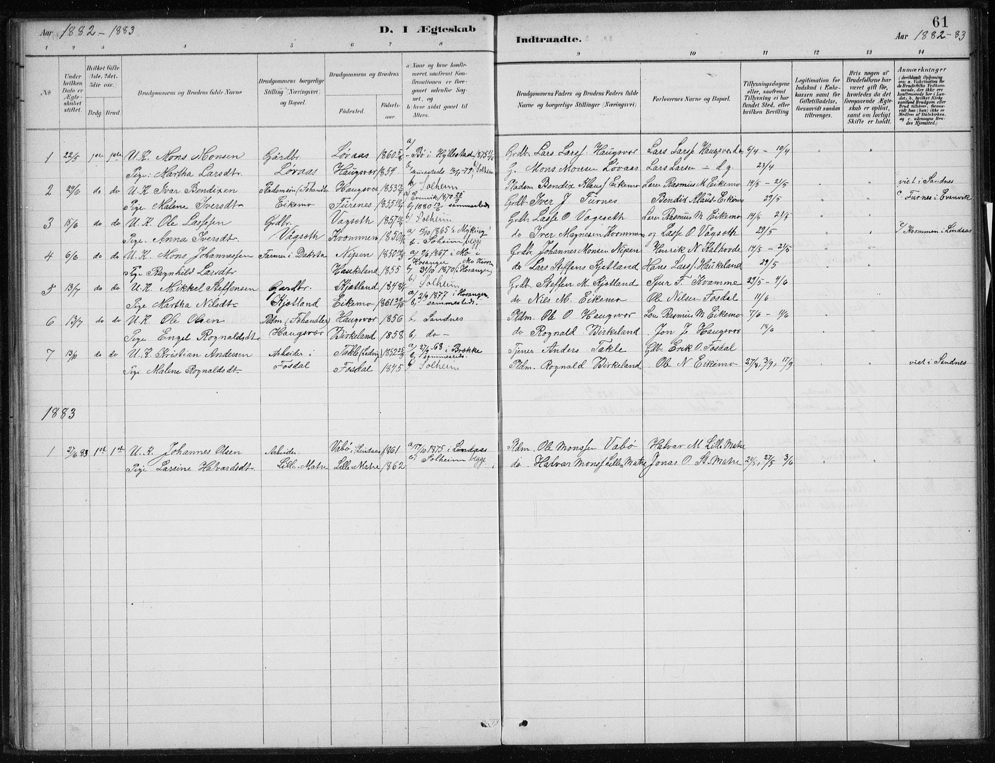 Masfjorden Sokneprestembete, AV/SAB-A-77001: Parish register (official) no. C  1, 1882-1896, p. 61