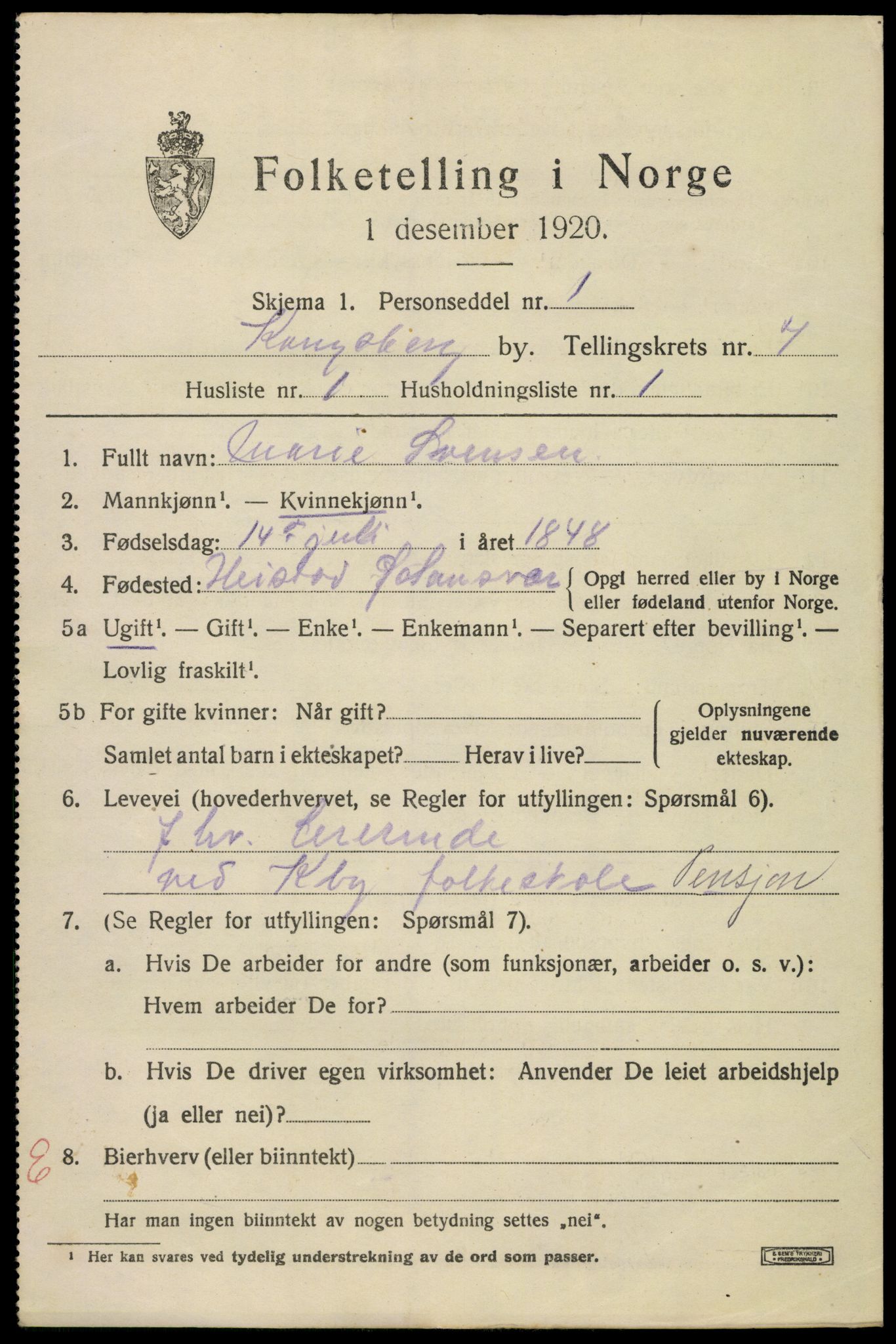 SAKO, 1920 census for Kongsberg, 1920, p. 14140