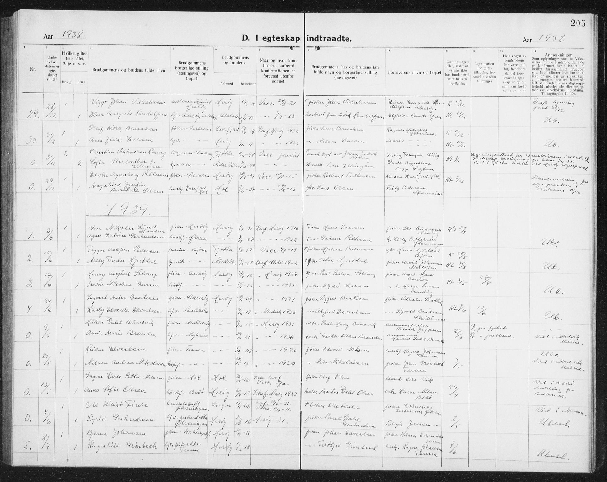 Ministerialprotokoller, klokkerbøker og fødselsregistre - Nordland, AV/SAT-A-1459/834/L0517: Parish register (copy) no. 834C07, 1919-1939, p. 205
