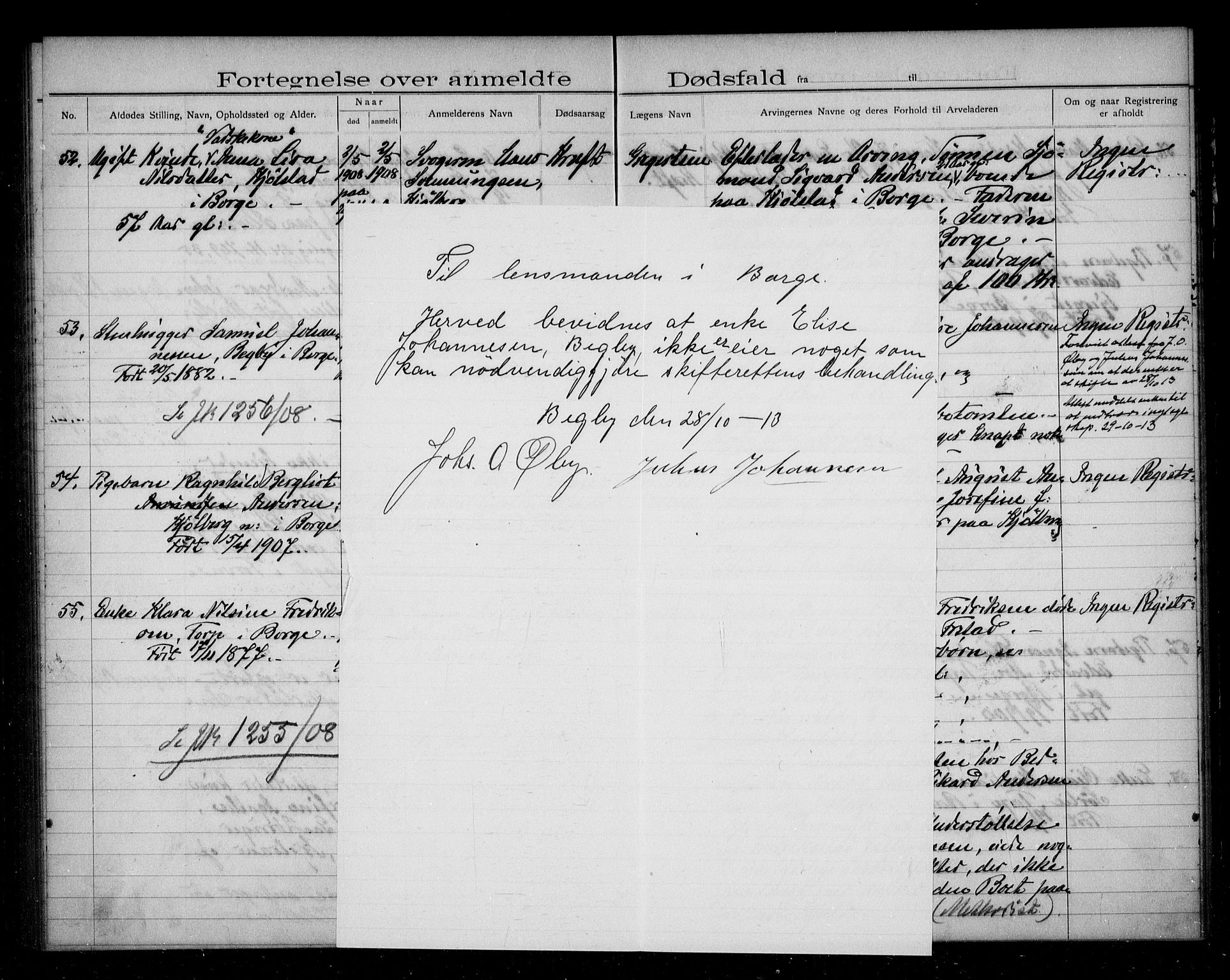 Borge lensmannskontor (Østfold), AV/SAO-A-10176/H/Ha/Haa/L0006: Dødsfallsprotokoll, 1906-1909