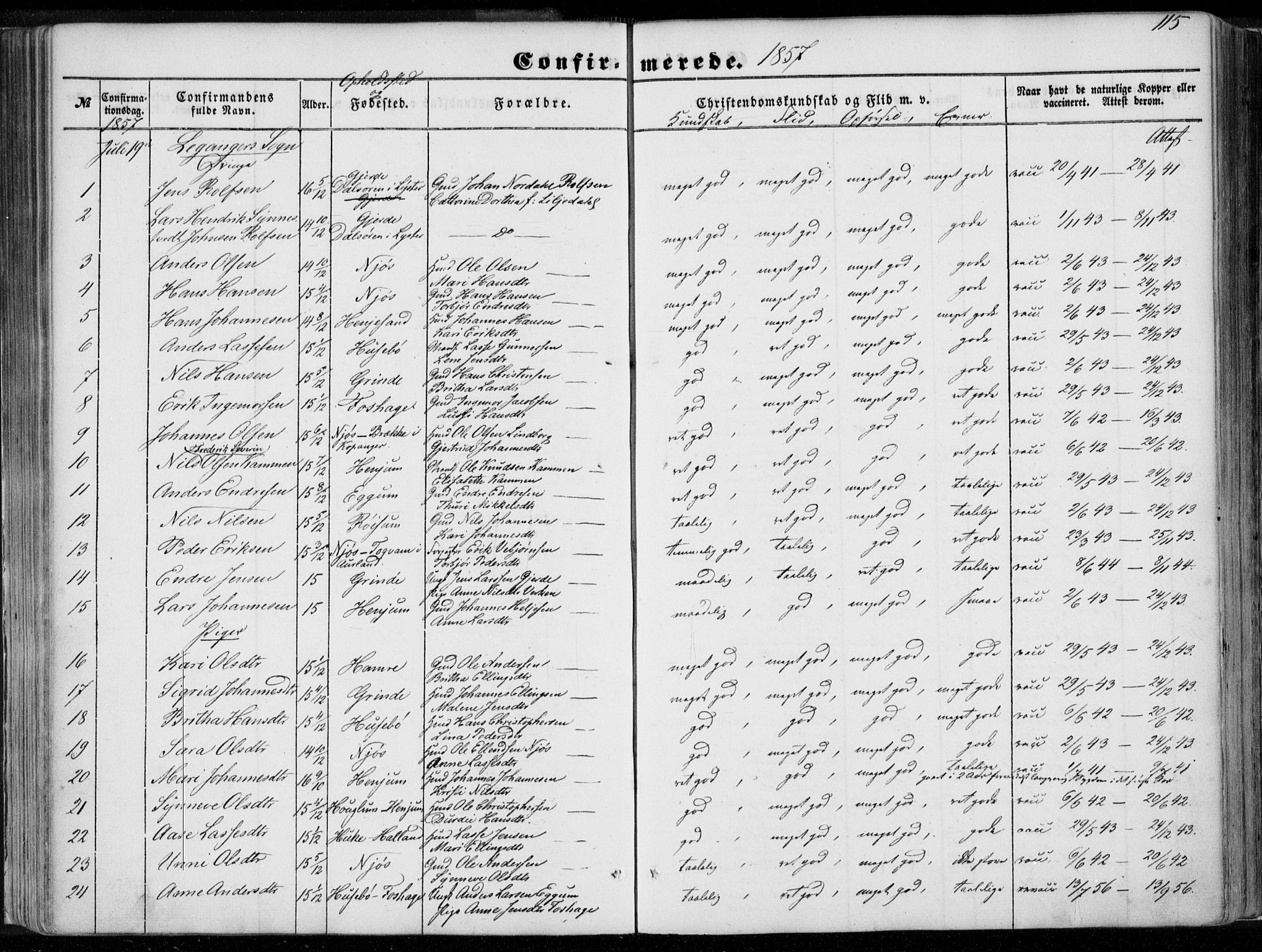 Leikanger sokneprestembete, AV/SAB-A-81001/H/Haa/Haaa/L0008: Parish register (official) no. A 8, 1852-1868, p. 115