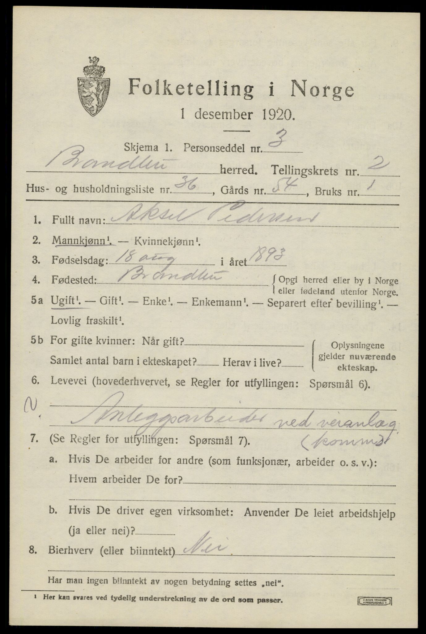 SAH, 1920 census for Brandbu, 1920, p. 3901