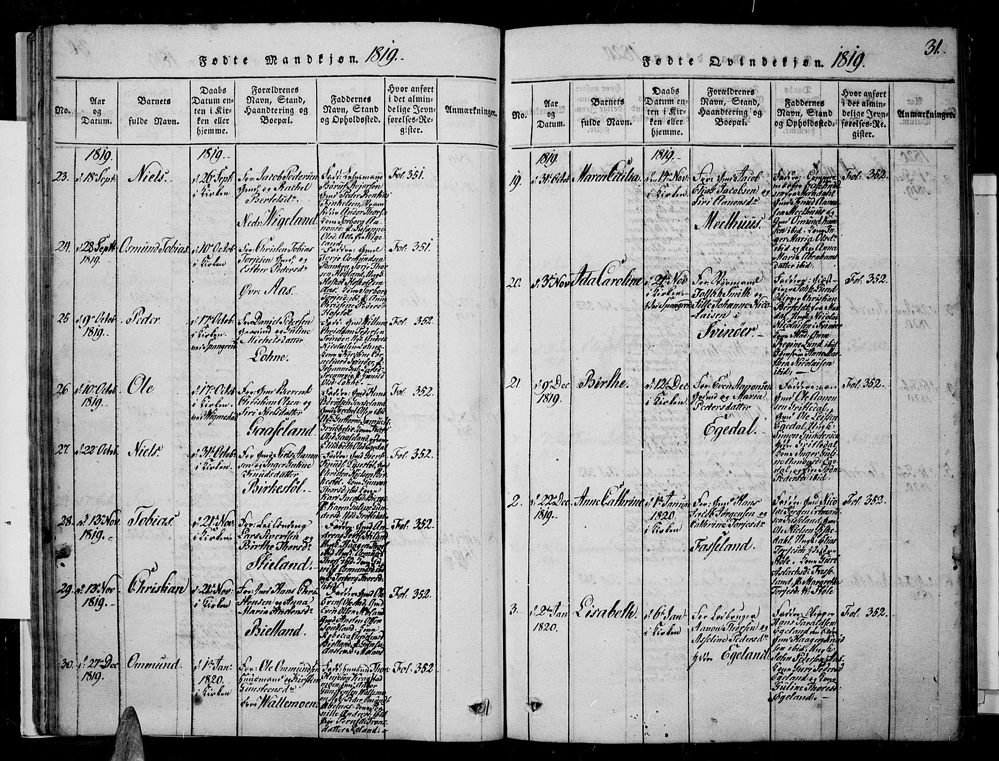 Sør-Audnedal sokneprestkontor, SAK/1111-0039/F/Fa/Fab/L0005: Parish register (official) no. A 5, 1816-1830, p. 31
