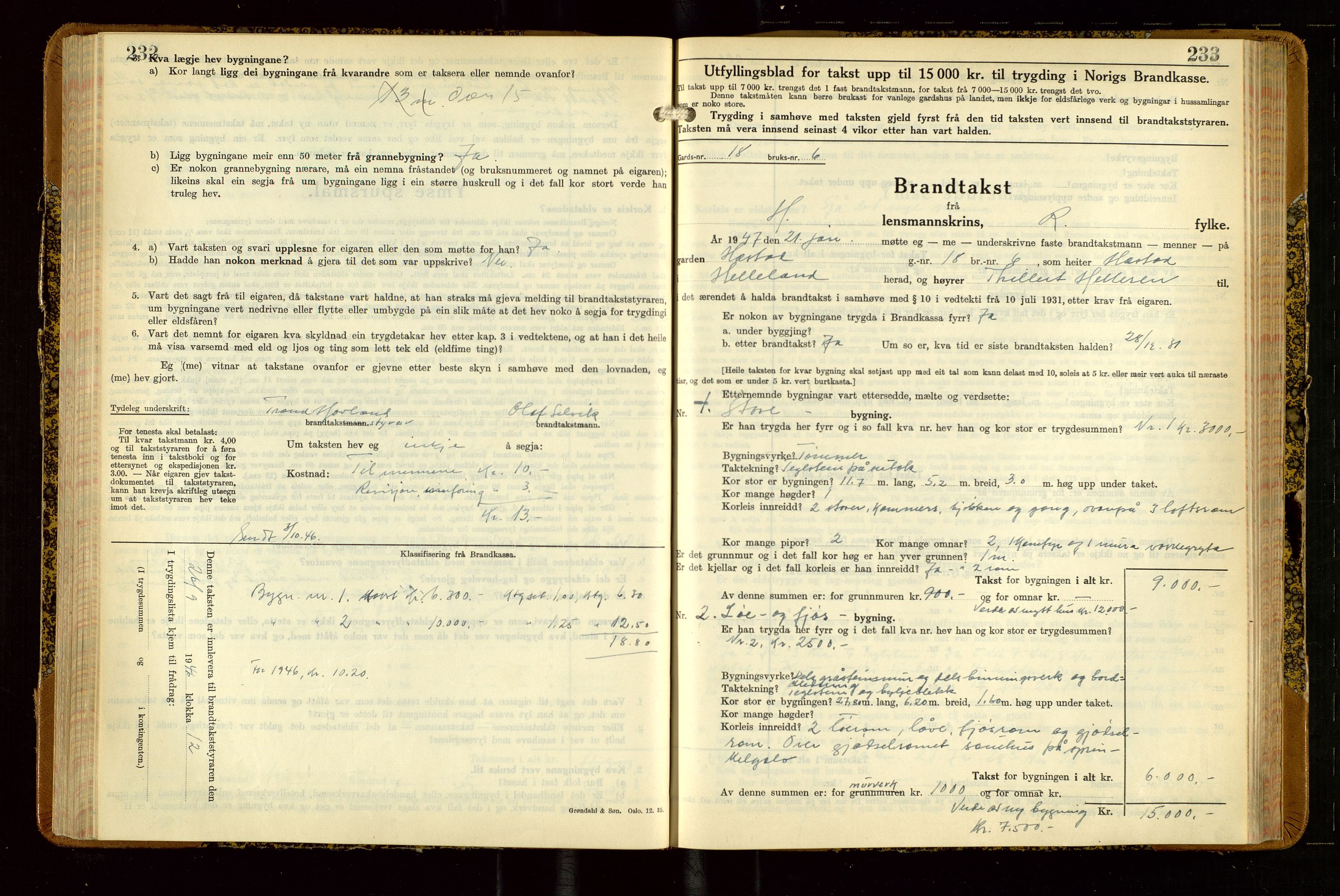 Helleland lensmannskontor, AV/SAST-A-100209/Gob/L0004: "Brandtakstbok", 1939-1949, p. 232-233