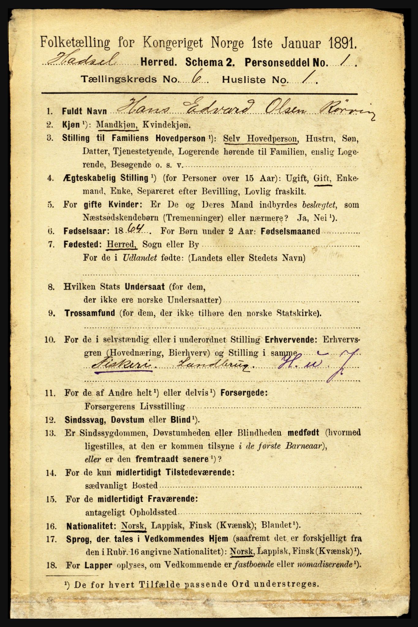 RA, 1891 census for 1866 Hadsel, 1891, p. 2639