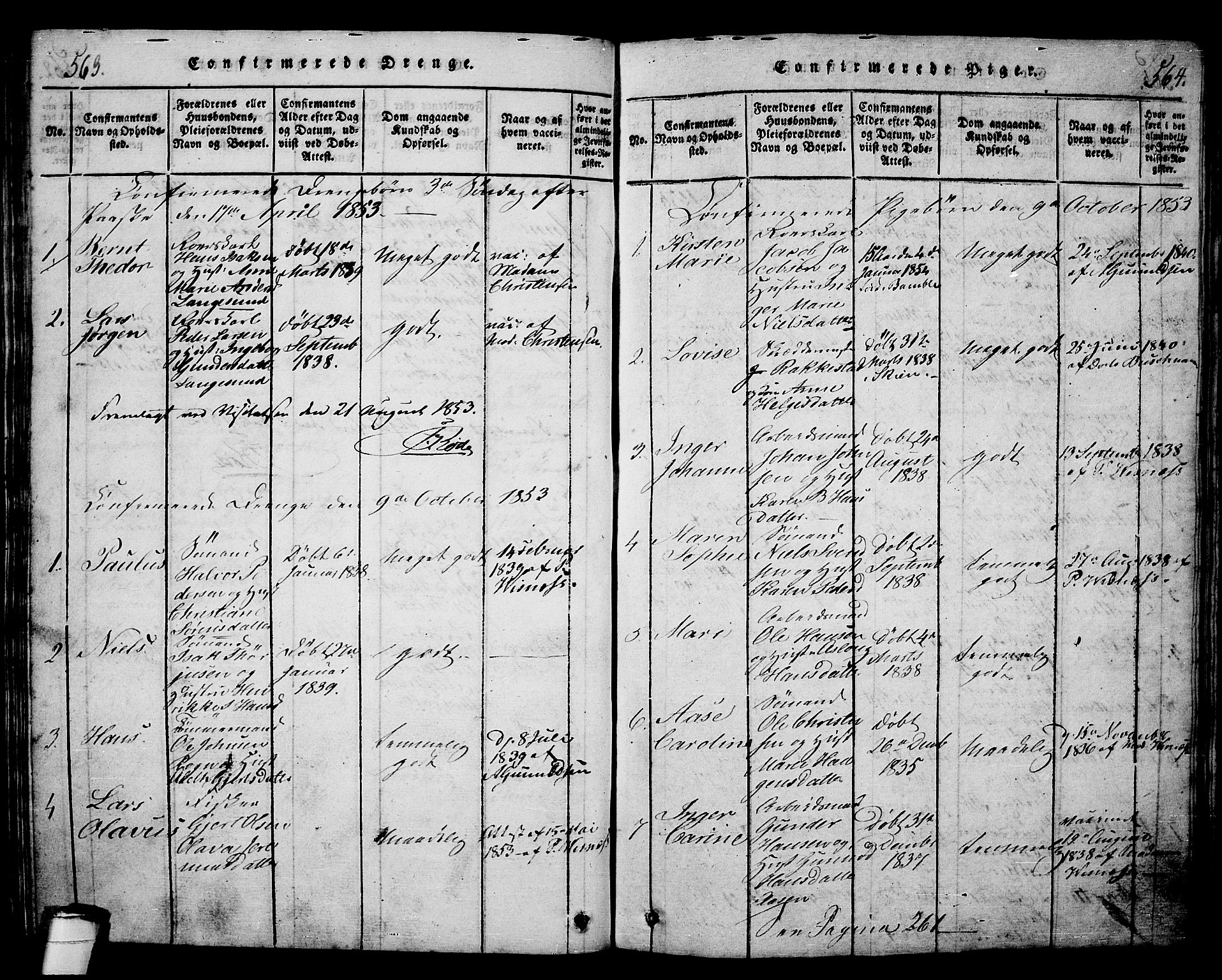 Langesund kirkebøker, SAKO/A-280/G/Ga/L0003: Parish register (copy) no. 3, 1815-1858, p. 563-564