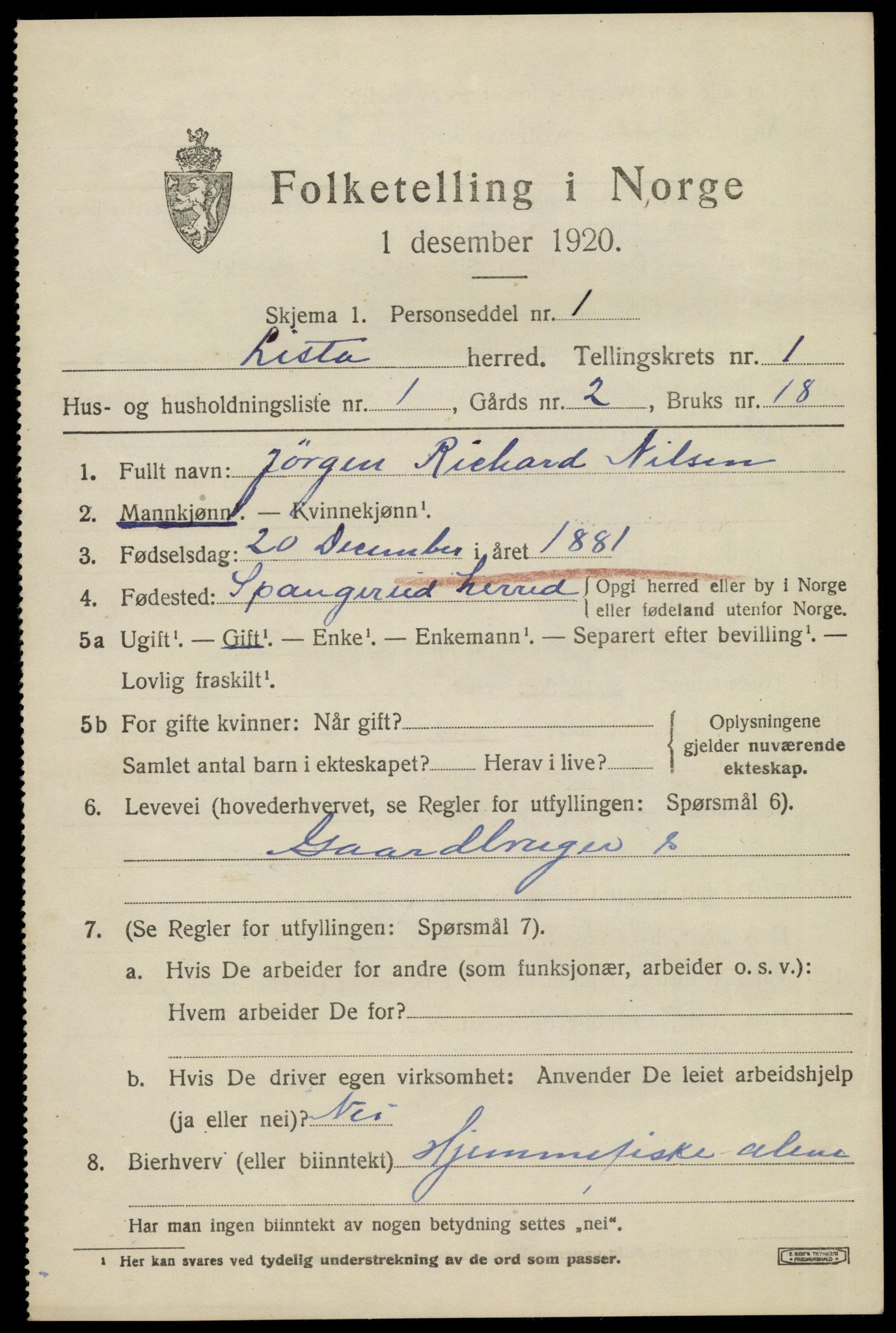 SAK, 1920 census for Lista, 1920, p. 2851