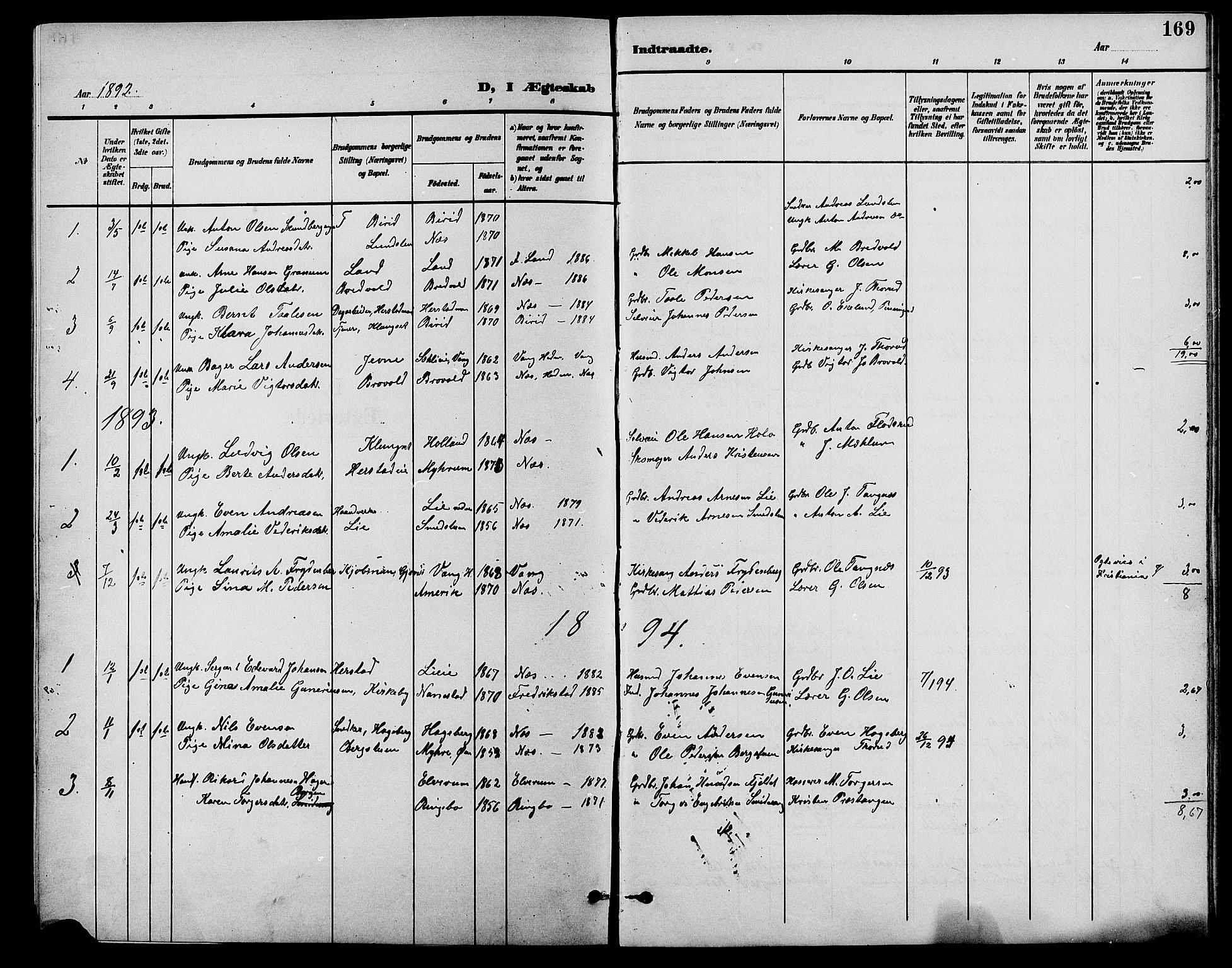 Nes prestekontor, Hedmark, SAH/PREST-020/L/La/L0007: Parish register (copy) no. 7, 1892-1912, p. 169