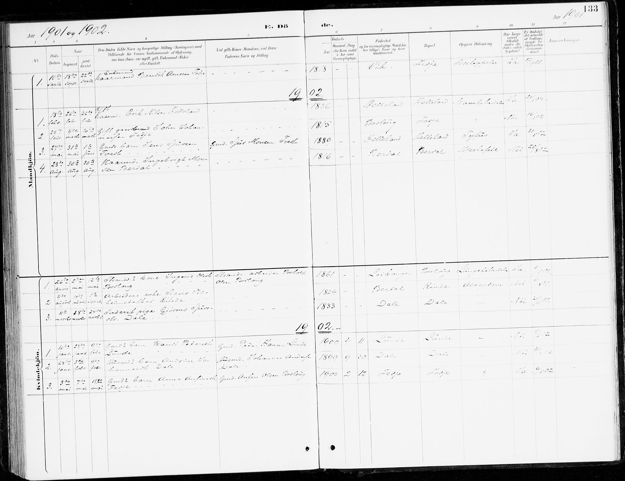 Leikanger sokneprestembete, AV/SAB-A-81001/H/Haa/Haad/L0001: Parish register (official) no. D 1, 1887-1922, p. 133