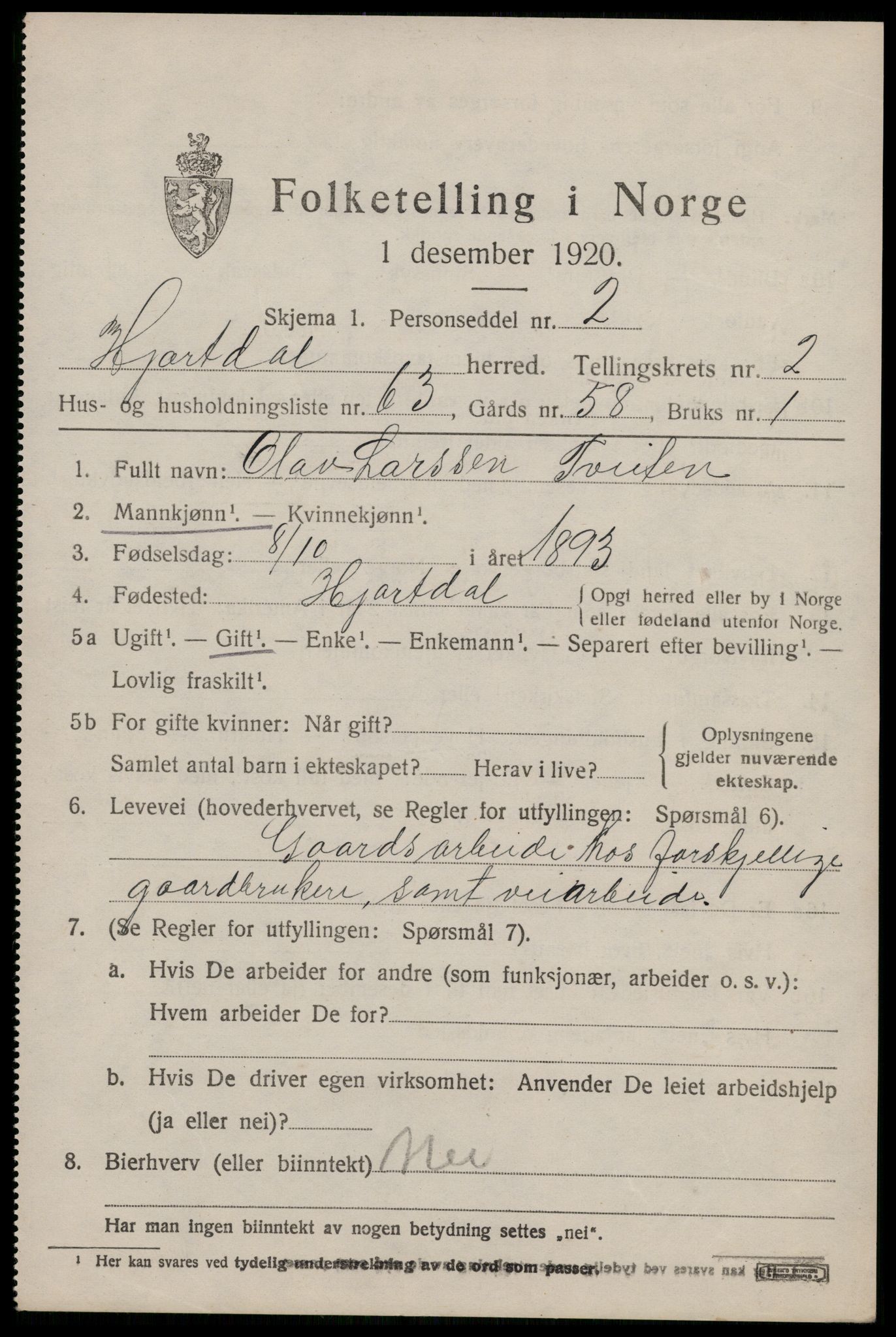 SAKO, 1920 census for Hjartdal, 1920, p. 2506