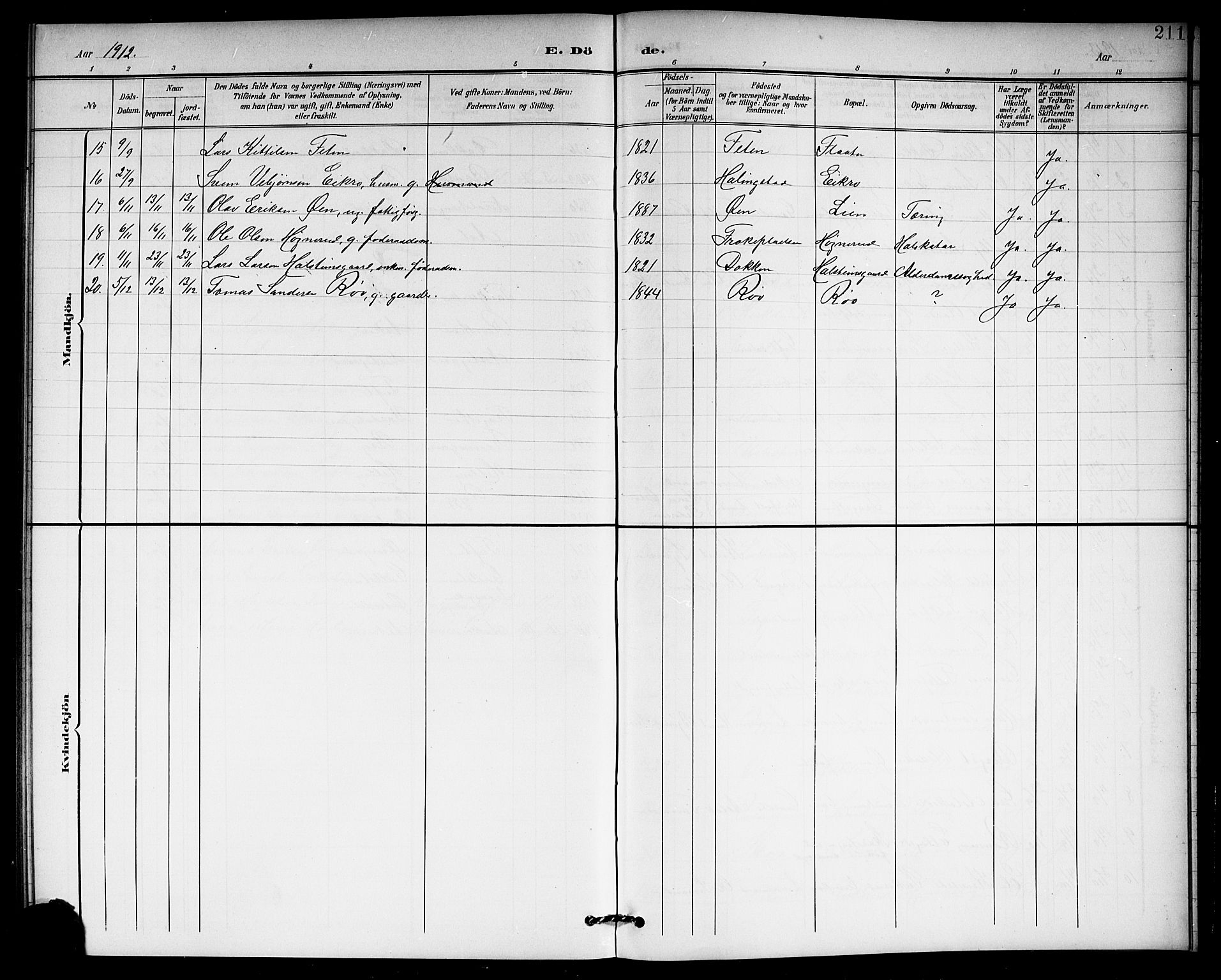 Hol kirkebøker, SAKO/A-227/G/Ga/L0001: Parish register (copy) no. I 1, 1900-1919, p. 211