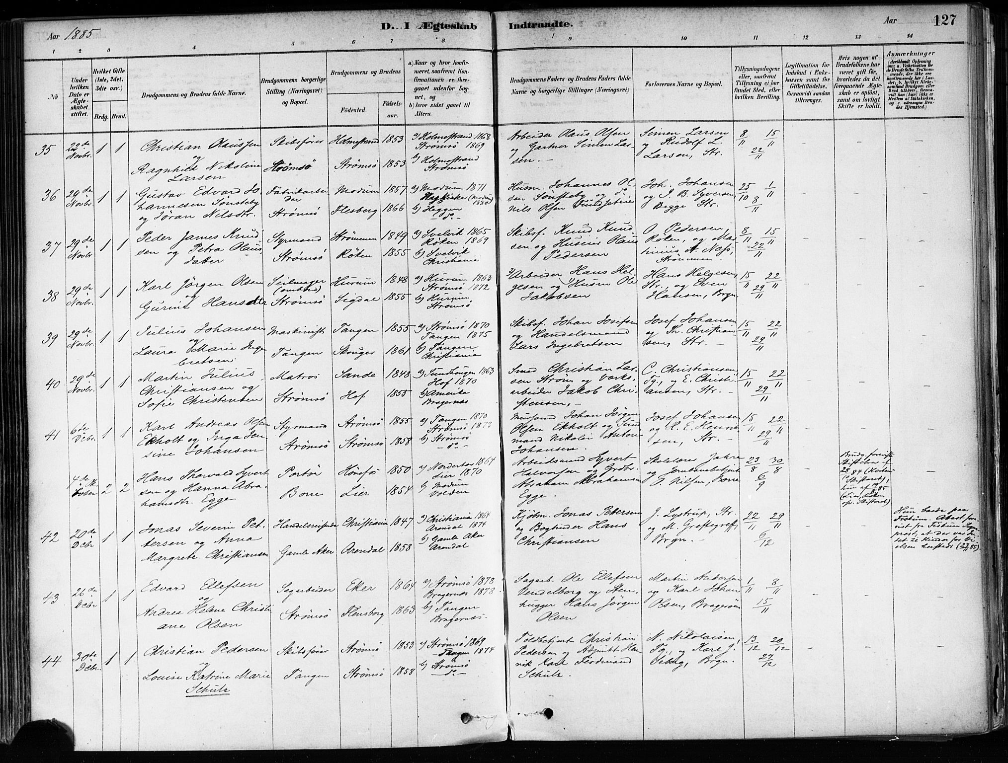 Strømsø kirkebøker, AV/SAKO-A-246/F/Fa/L0022: Parish register (official) no. I 22, 1879-1899, p. 127