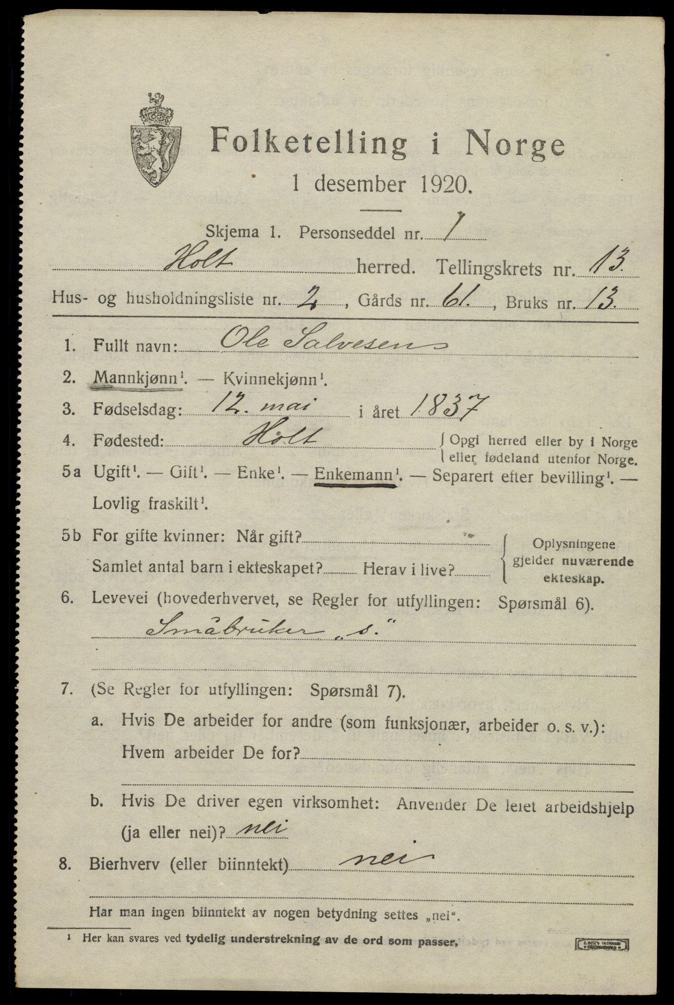 SAK, 1920 census for Holt, 1920, p. 7636