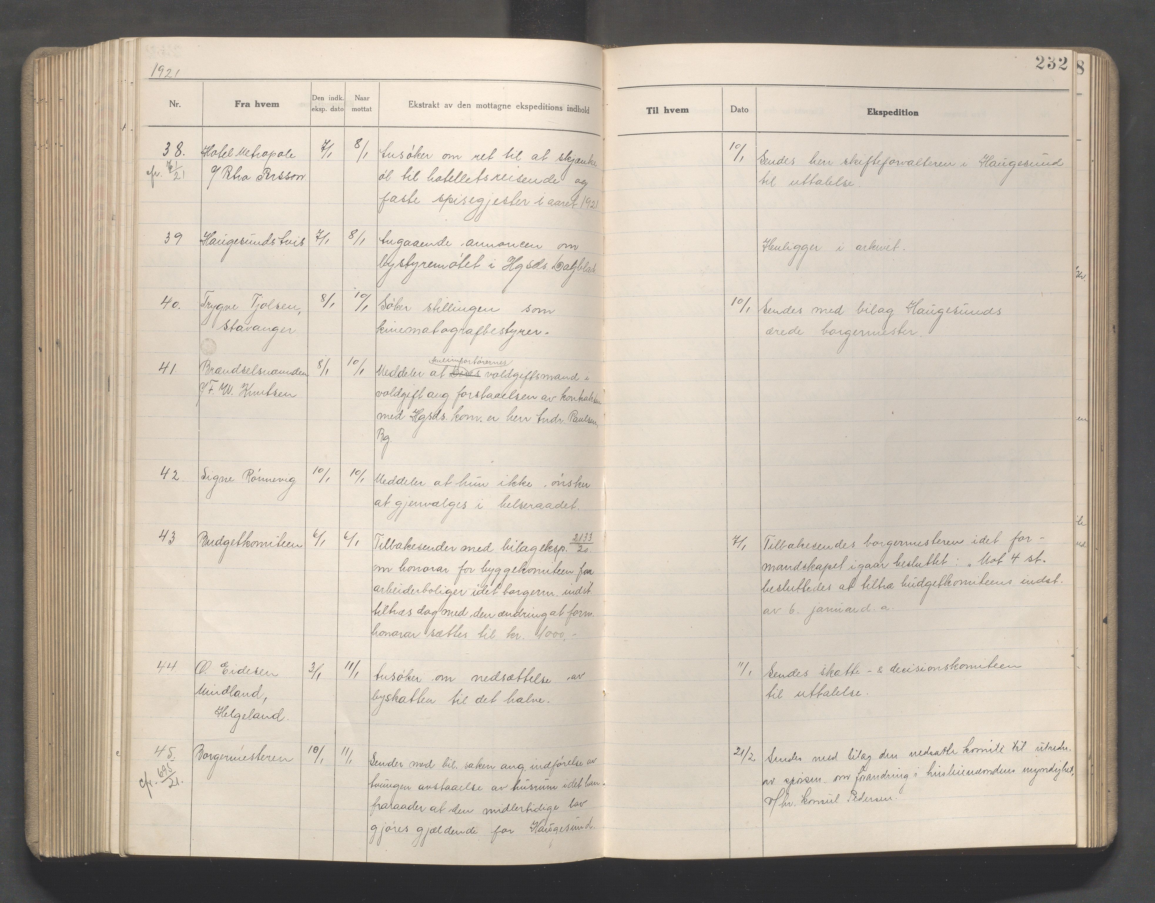 Haugesund kommune - Formannskapet, IKAR/X-0001/C/L0010: Journal, 1920-1921, p. 232