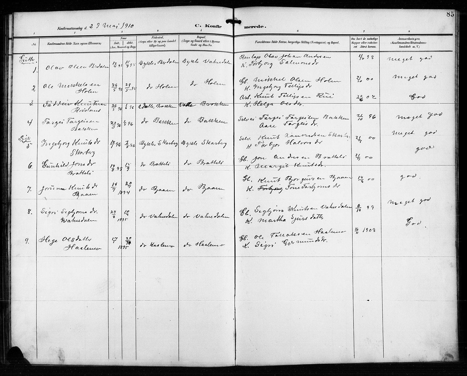 Valle sokneprestkontor, AV/SAK-1111-0044/F/Fb/Fba/L0003: Parish register (copy) no. B 3, 1895-1916, p. 85