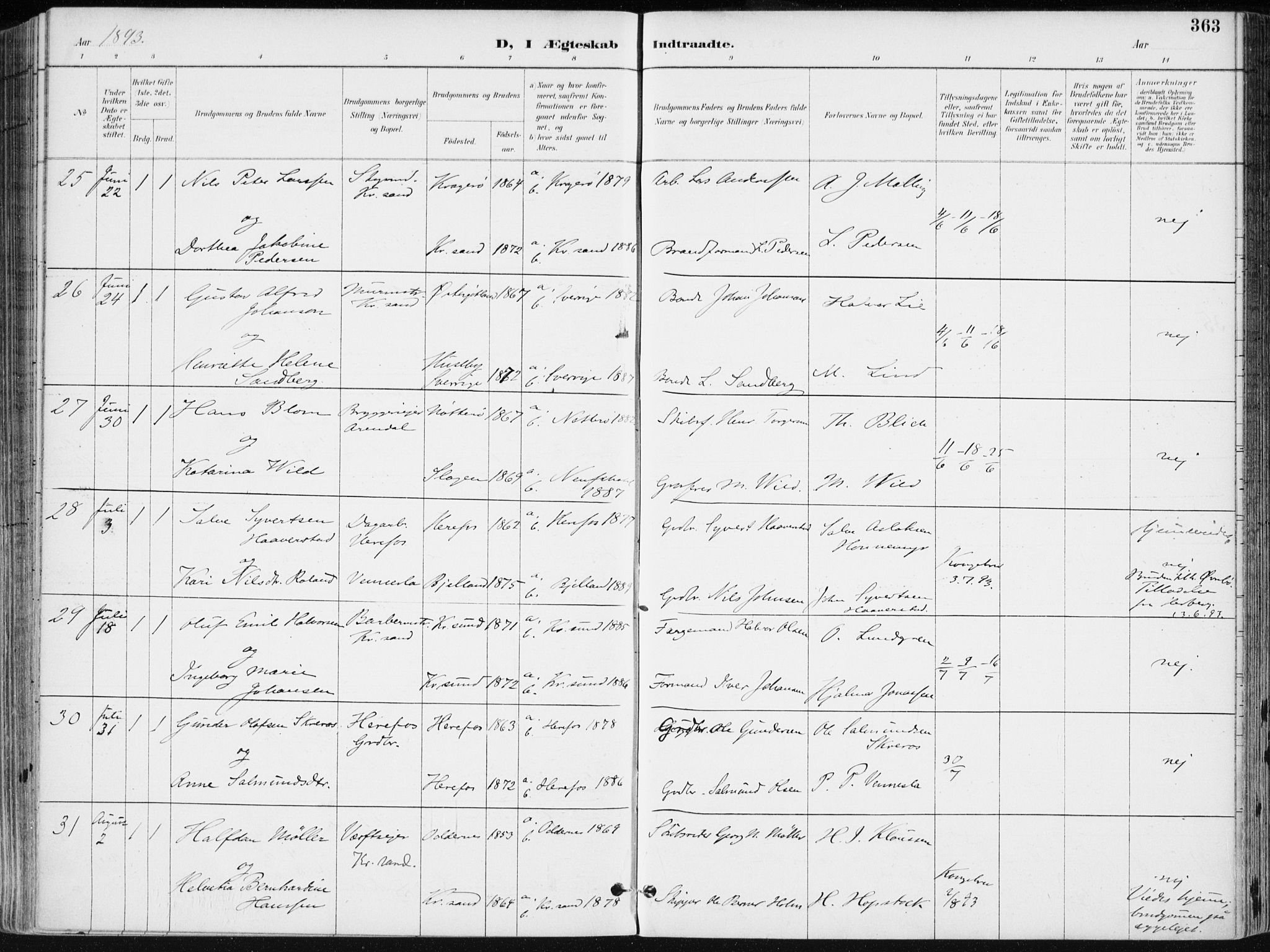 Kristiansand domprosti, AV/SAK-1112-0006/F/Fa/L0019: Parish register (official) no. A 18, 1890-1897, p. 363