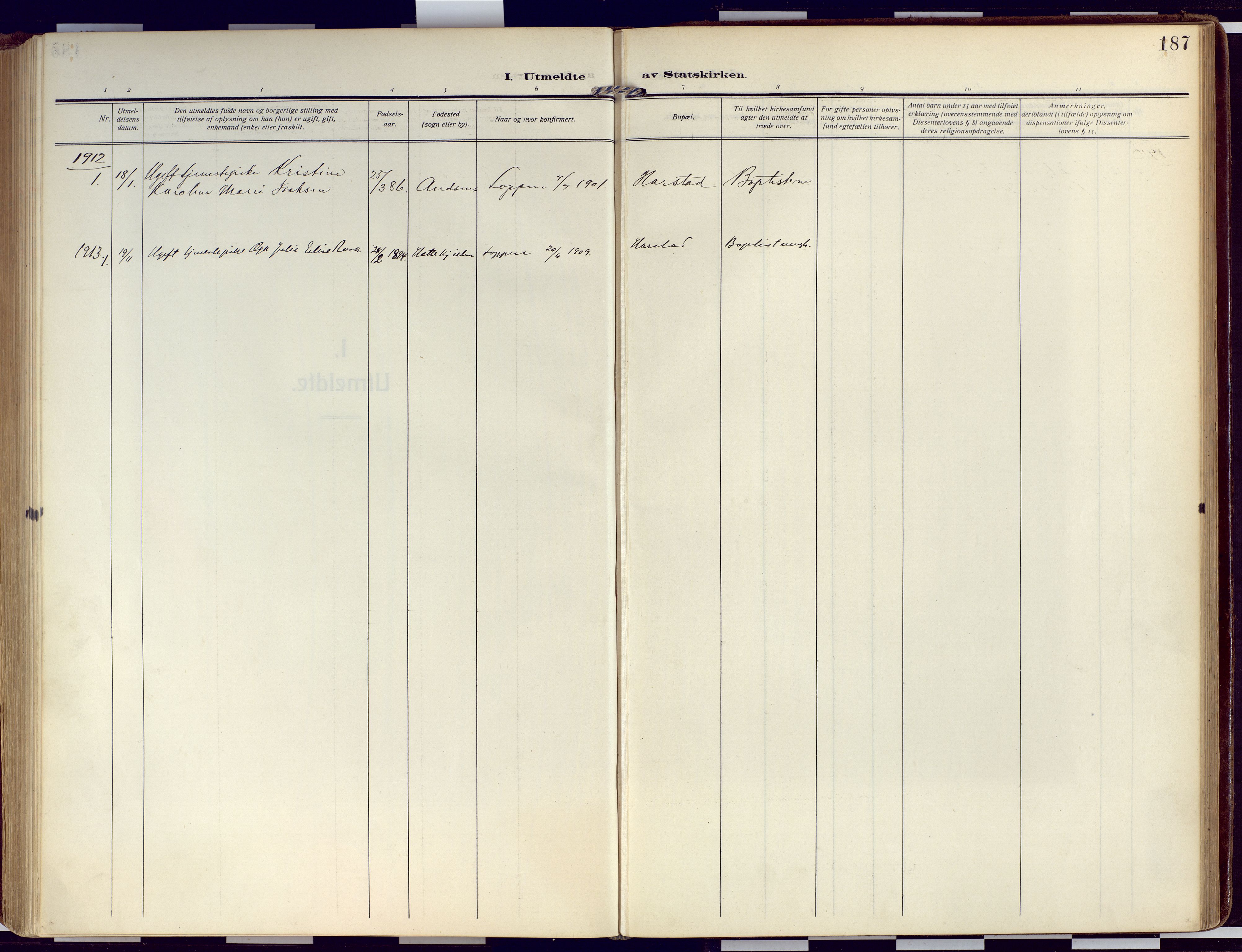 Loppa sokneprestkontor, SATØ/S-1339/H/Ha/L0011kirke: Parish register (official) no. 11, 1909-1919, p. 187