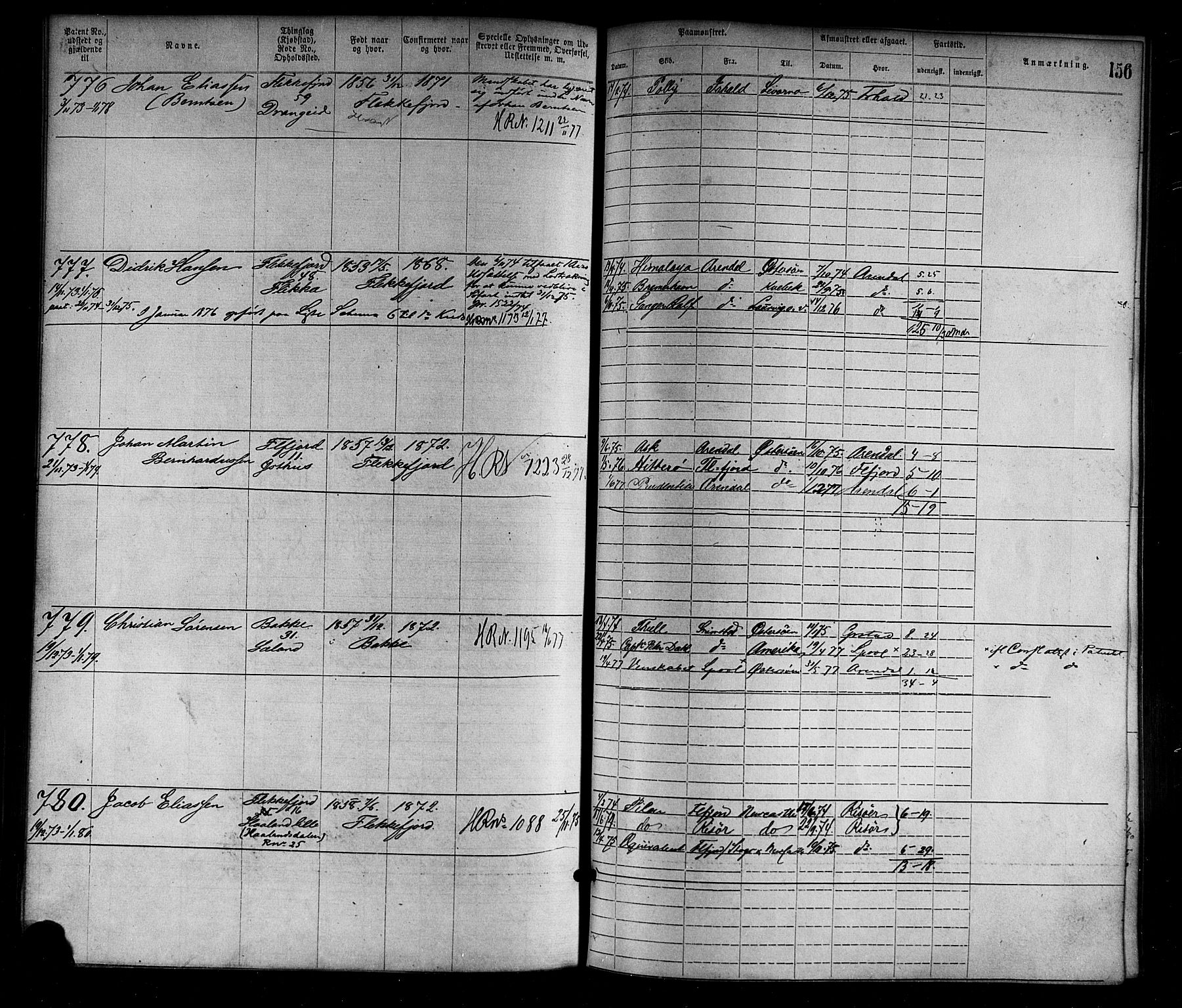 Flekkefjord mønstringskrets, SAK/2031-0018/F/Fa/L0002: Annotasjonsrulle nr 1-1920 med register, N-2, 1870-1891, p. 181