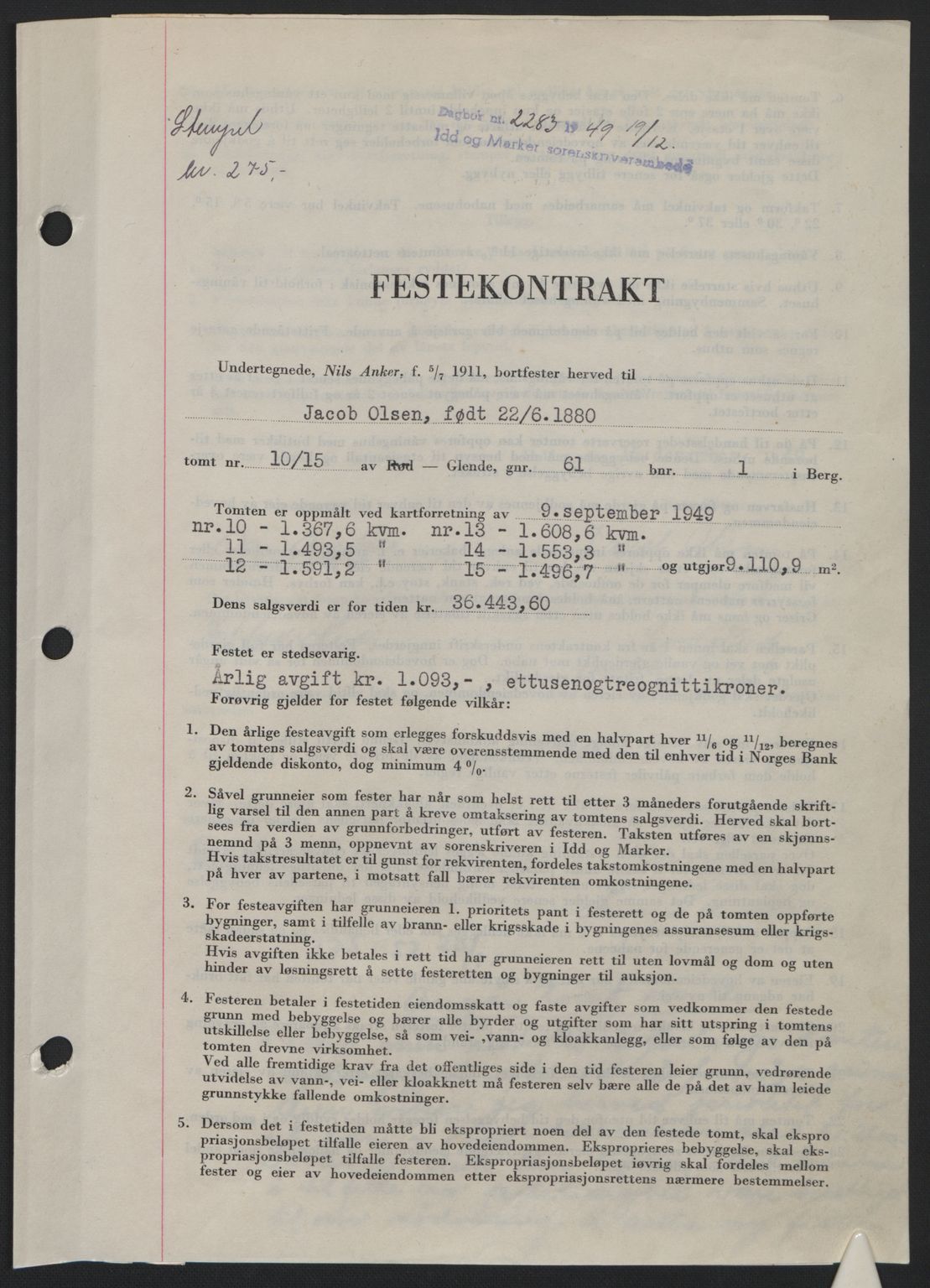 Idd og Marker sorenskriveri, AV/SAO-A-10283/G/Gb/Gbb/L0013: Mortgage book no. A13, 1949-1950, Diary no: : 2283/1949