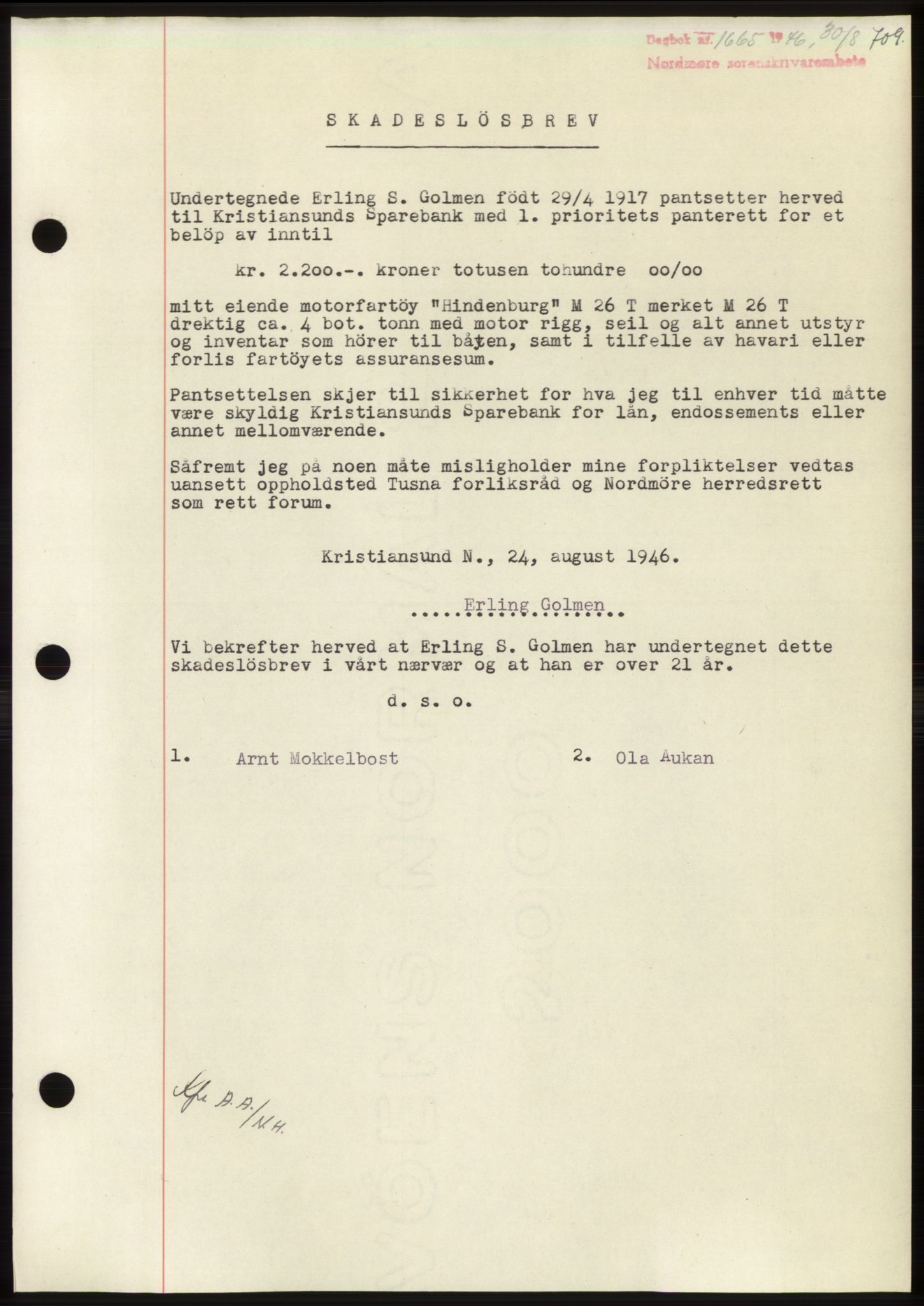 Nordmøre sorenskriveri, AV/SAT-A-4132/1/2/2Ca: Mortgage book no. B94, 1946-1946, Diary no: : 1665/1946