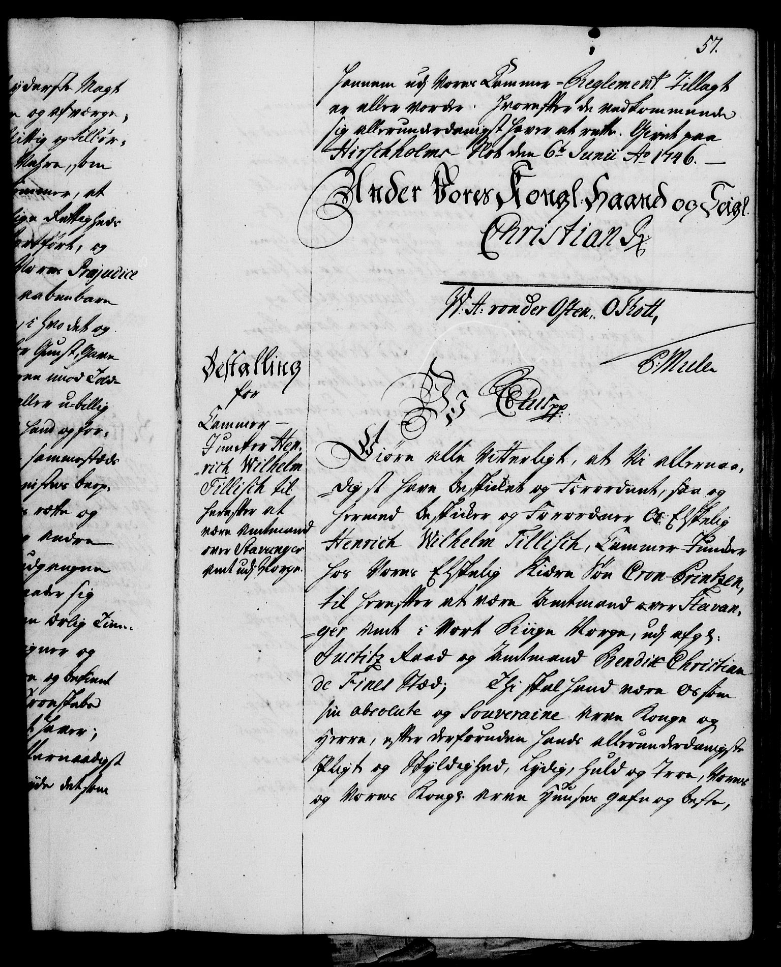 Rentekammeret, Kammerkanselliet, RA/EA-3111/G/Gg/Gge/L0003: Norsk bestallingsprotokoll med register (merket RK 53.27), 1745-1761, p. 57