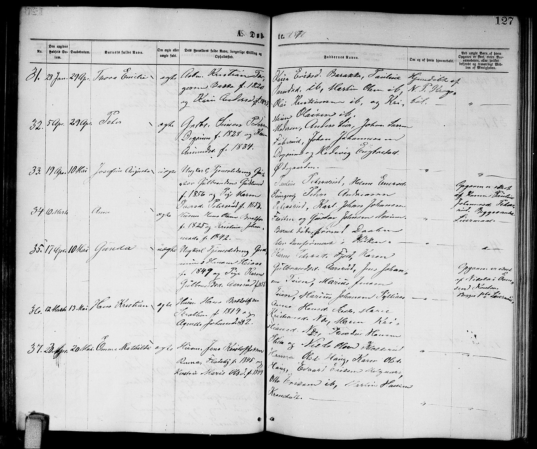 Enebakk prestekontor Kirkebøker, AV/SAO-A-10171c/G/Ga/L0005: Parish register (copy) no. I 5, 1867-1888, p. 127