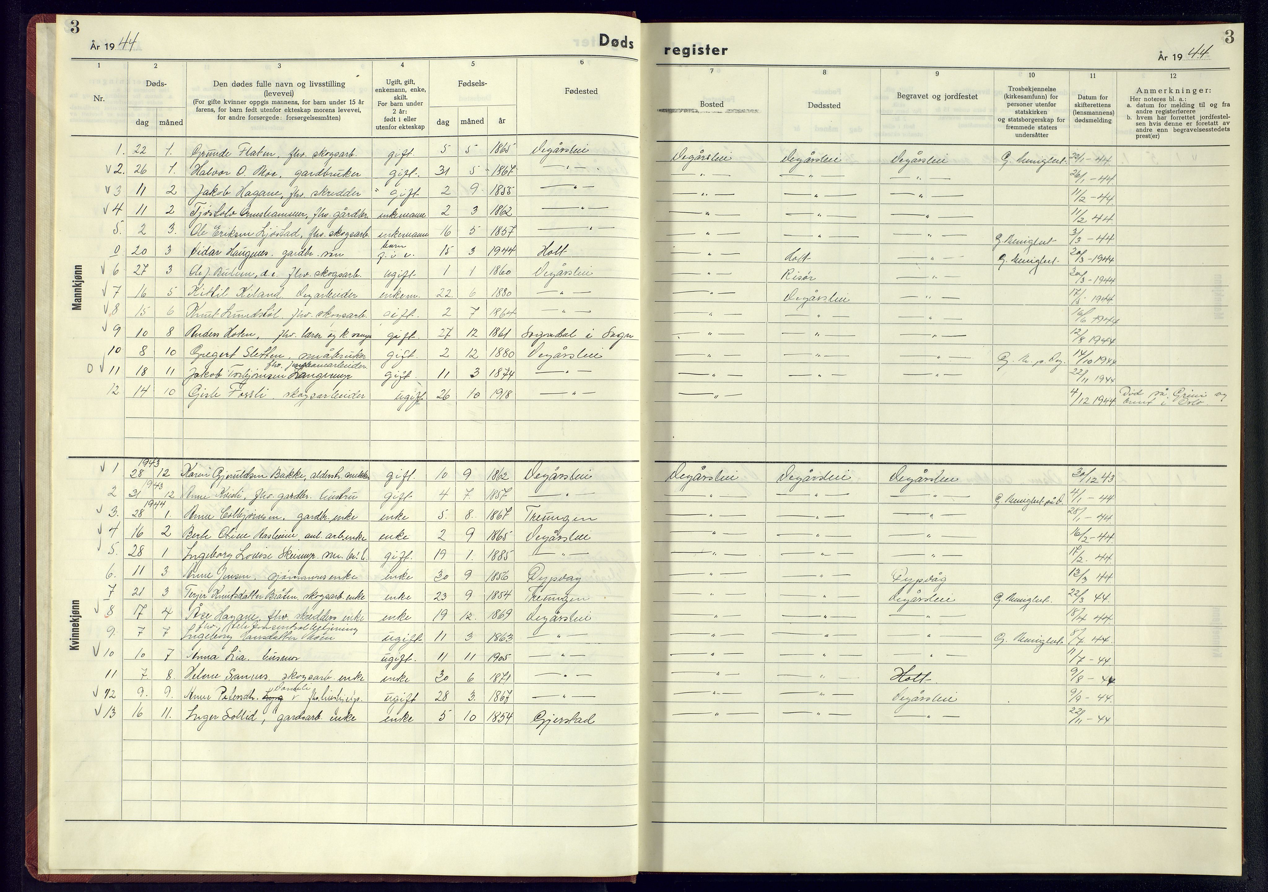 Gjerstad sokneprestkontor, AV/SAK-1111-0014/J/Je/L0006: A-VI-8 - Dødsfallsregister Vegårshei, 1942-1945, p. 3