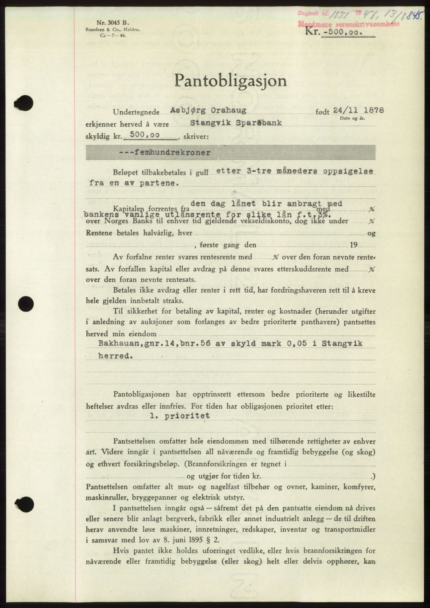 Nordmøre sorenskriveri, AV/SAT-A-4132/1/2/2Ca: Mortgage book no. B96, 1947-1947, Diary no: : 1831/1947