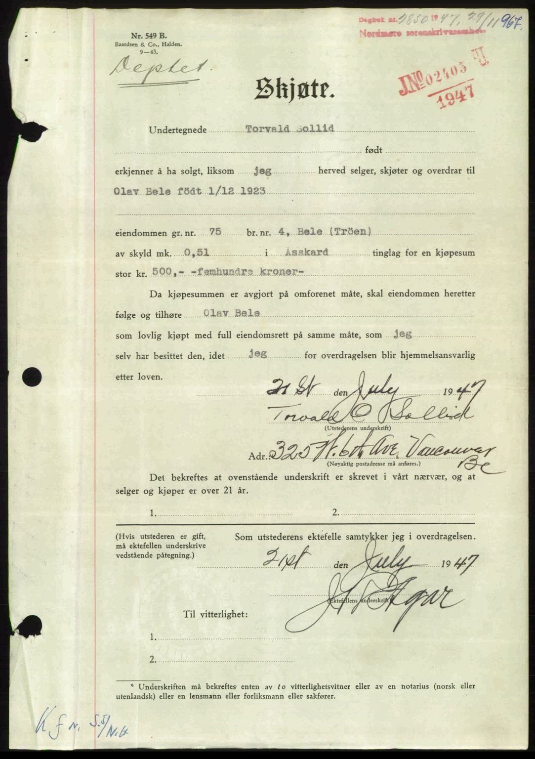 Nordmøre sorenskriveri, AV/SAT-A-4132/1/2/2Ca: Mortgage book no. A106, 1947-1947, Diary no: : 2850/1947