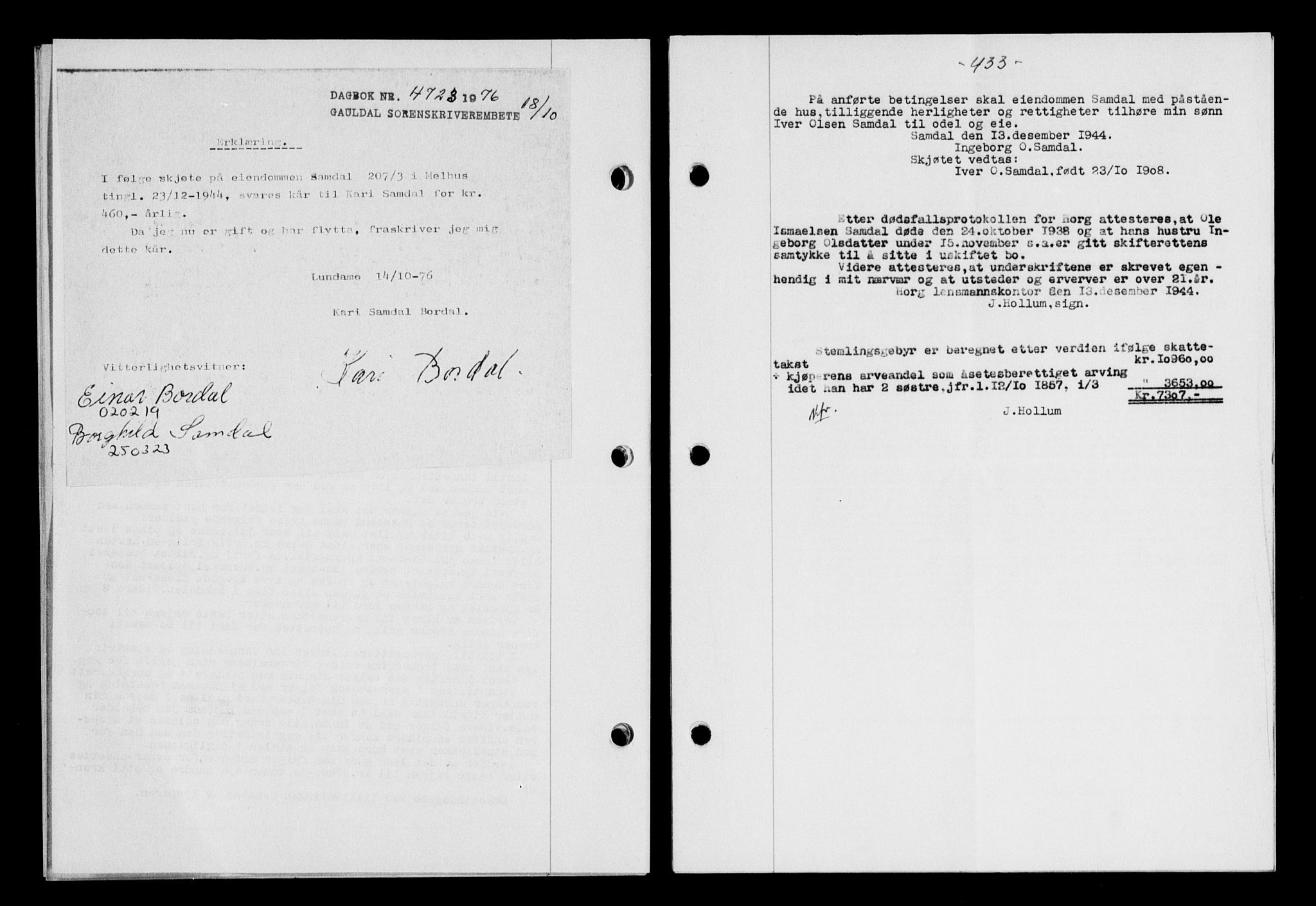 Gauldal sorenskriveri, SAT/A-0014/1/2/2C/L0058: Mortgage book no. 63, 1944-1945, Diary no: : 1229/1944