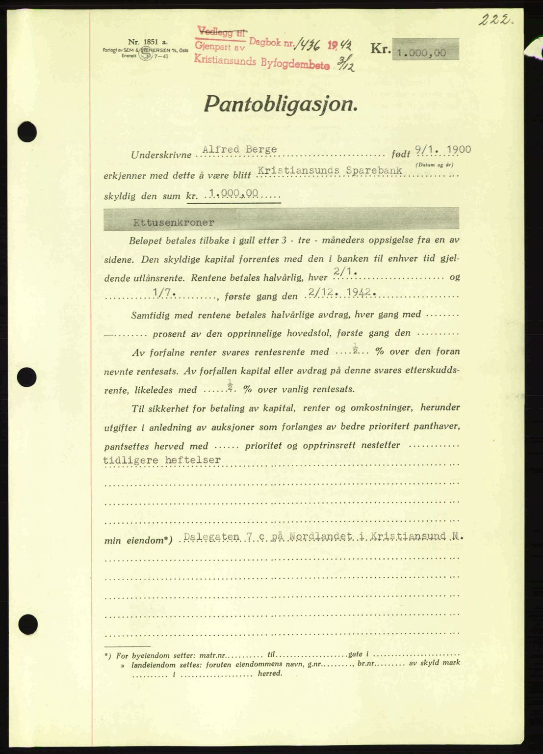 Kristiansund byfogd, SAT/A-4587/A/27: Mortgage book no. 36, 1942-1943, Diary no: : 1436/1942
