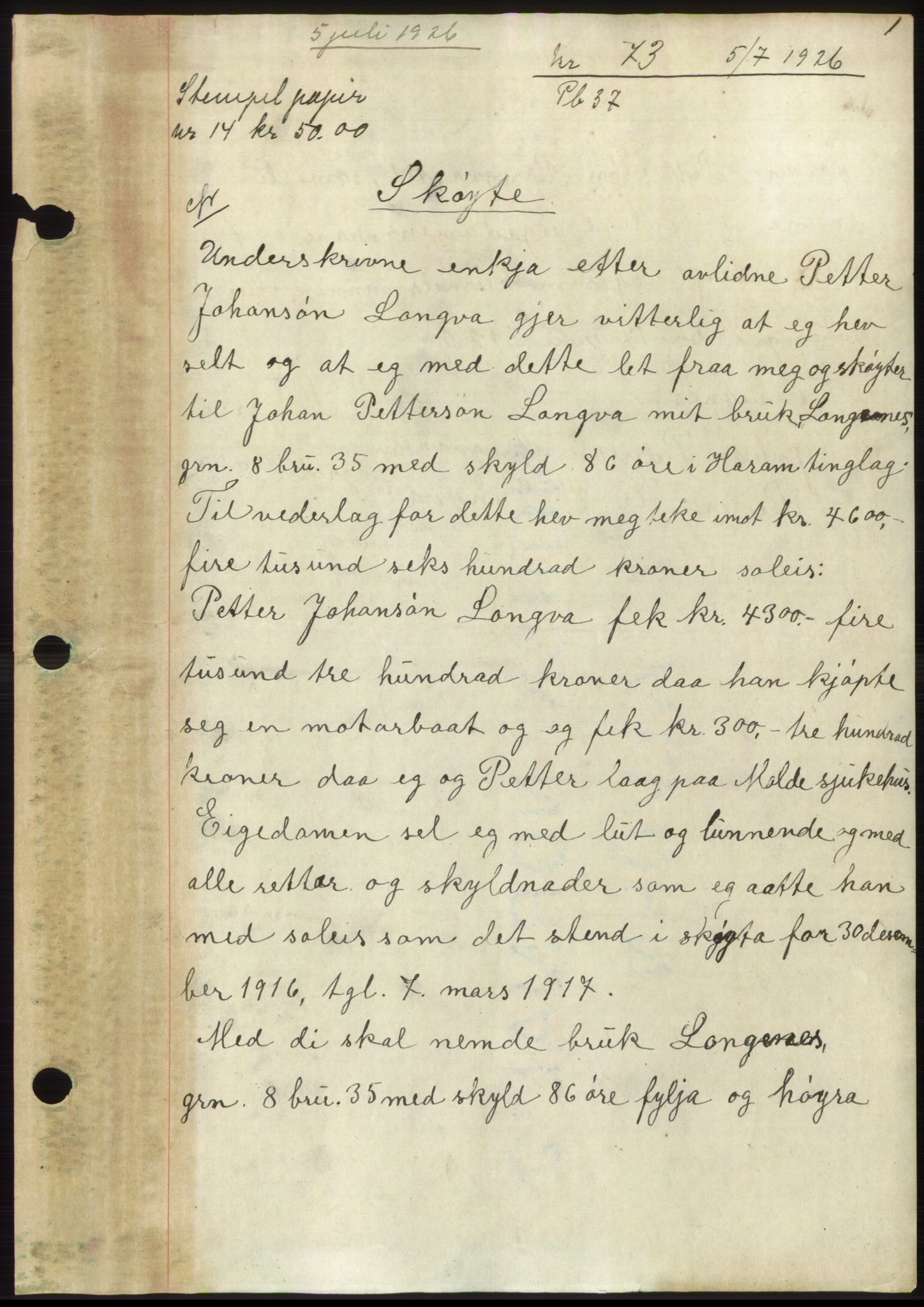 Nordre Sunnmøre sorenskriveri, AV/SAT-A-0006/1/2/2C/2Ca/L0035: Mortgage book no. 37, 1926-1926, Deed date: 05.07.1926