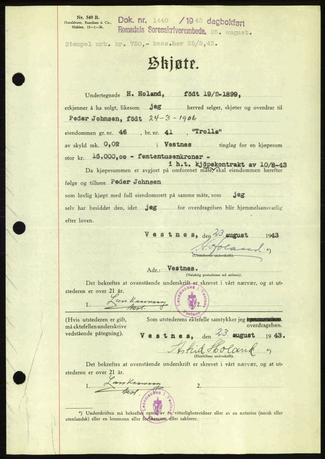 Romsdal sorenskriveri, AV/SAT-A-4149/1/2/2C: Mortgage book no. A14, 1943-1943, Diary no: : 1440/1943