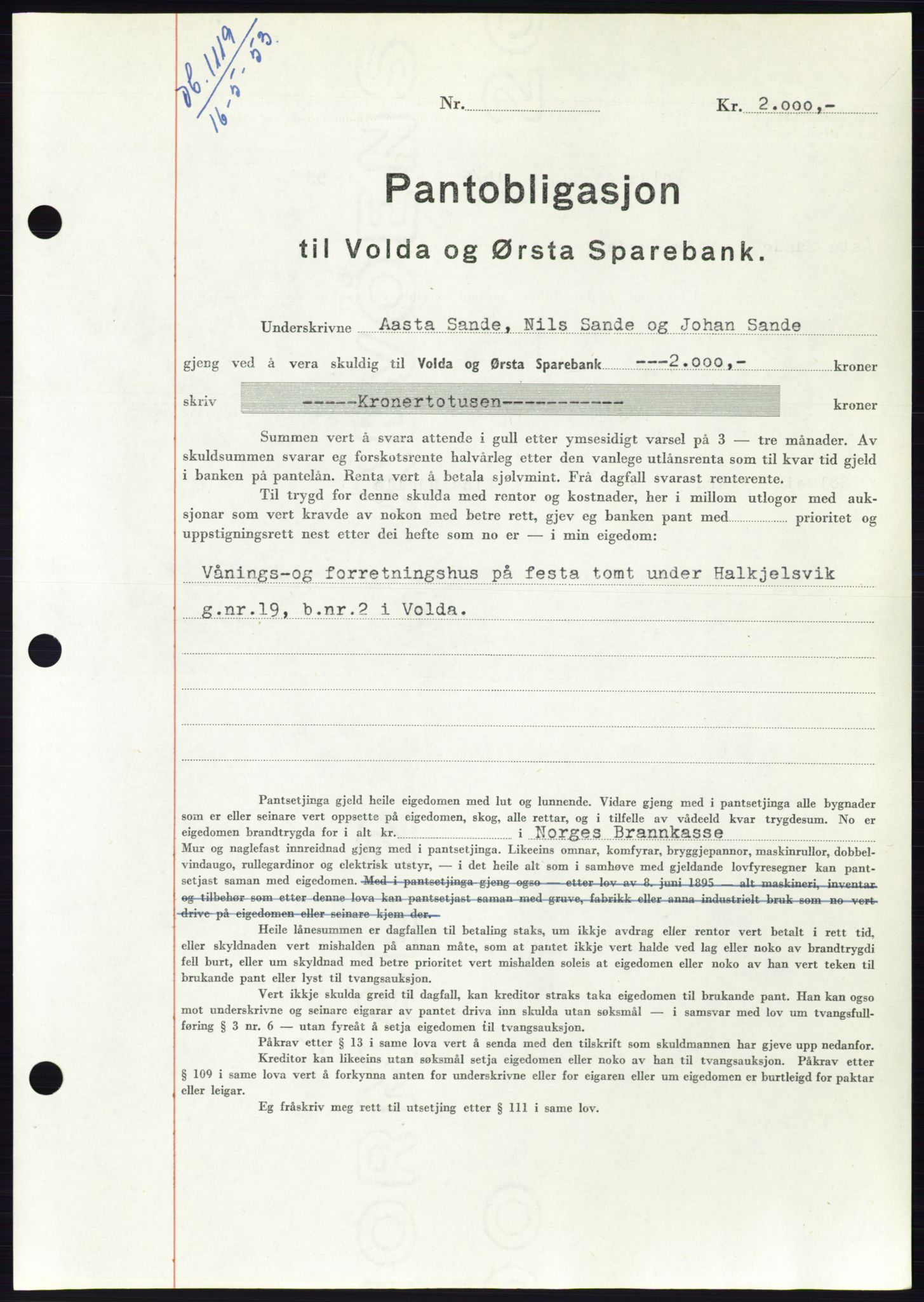 Søre Sunnmøre sorenskriveri, AV/SAT-A-4122/1/2/2C/L0123: Mortgage book no. 11B, 1953-1953, Diary no: : 1119/1953