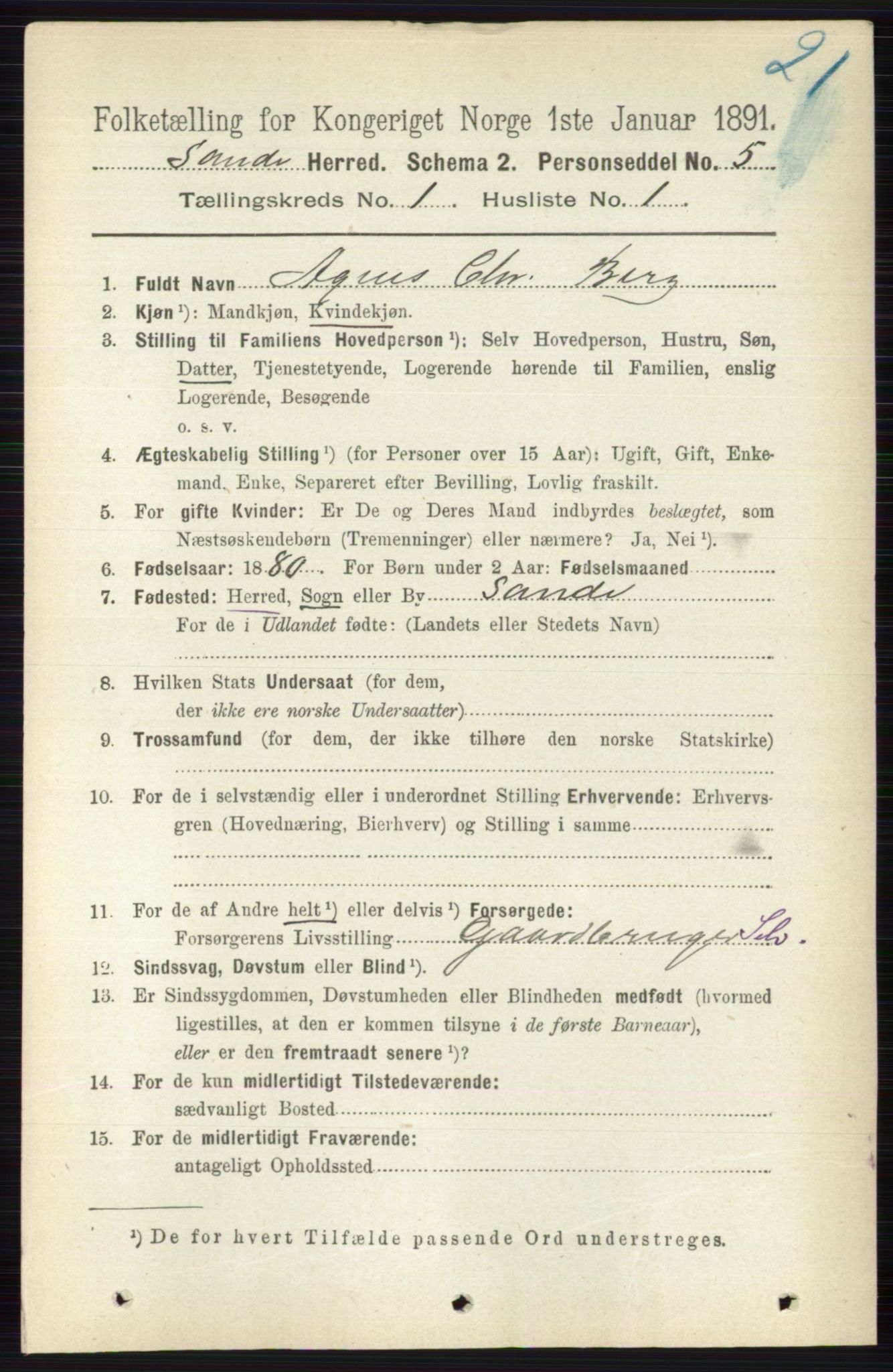 RA, 1891 census for 0713 Sande, 1891, p. 97