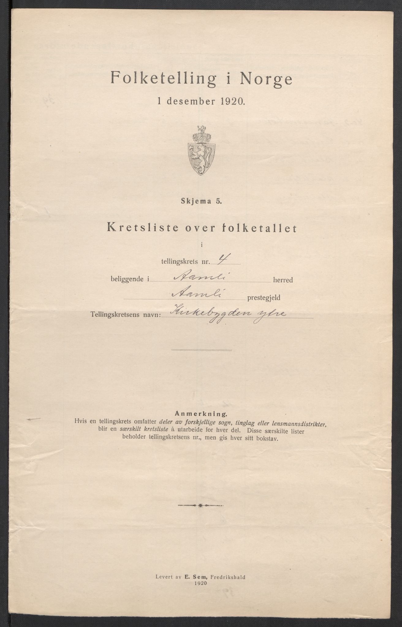 SAK, 1920 census for Åmli, 1920, p. 15