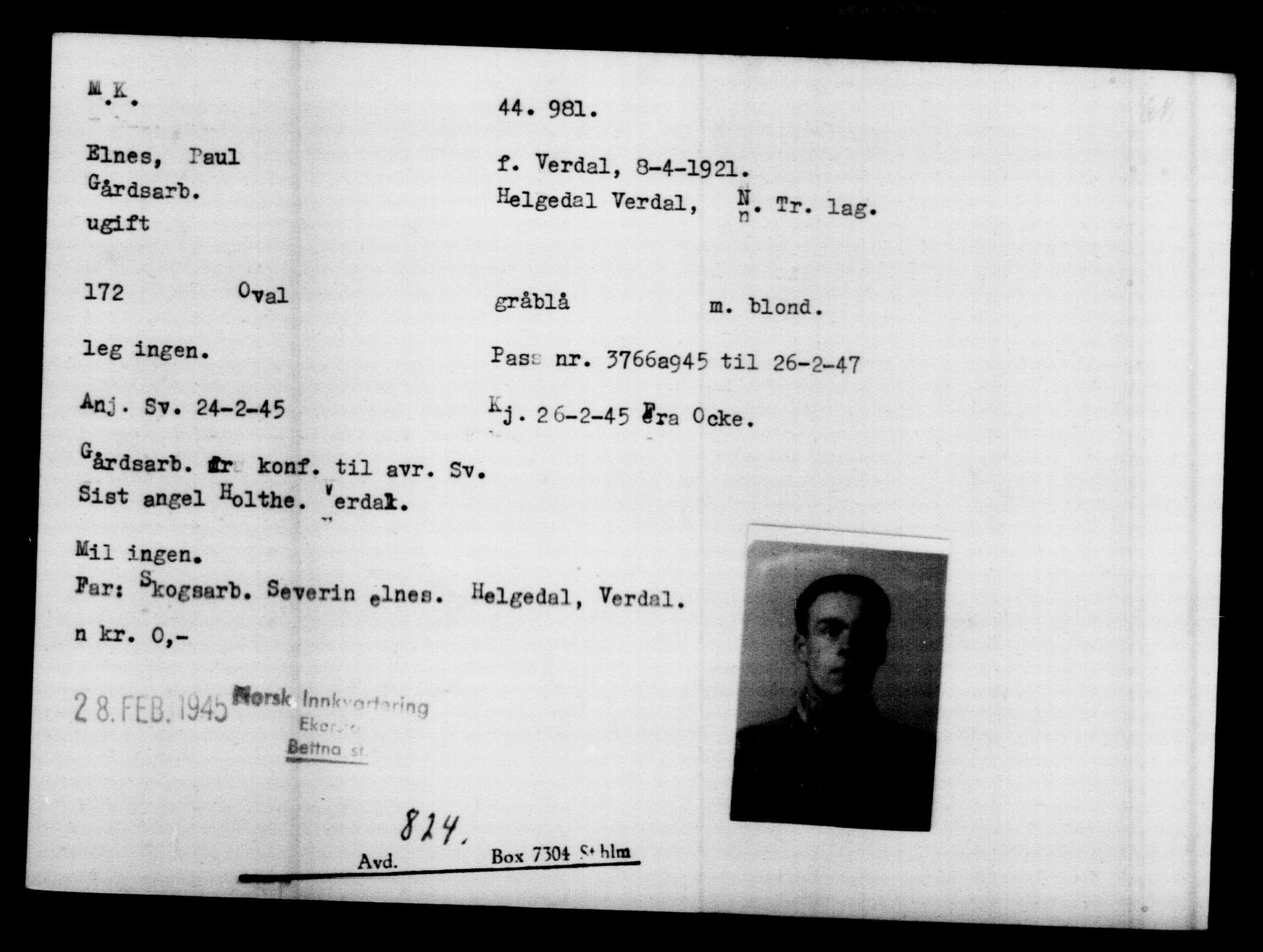 Utenriksstasjonene, Legasjonen i Stockholm, Flyktningkontoret, AV/RA-S-6753/V/Va/L0017: Kjesäterkartoteket, flyktninger med registreringsnr. 43400-46318, 1940-1945, p. 1653