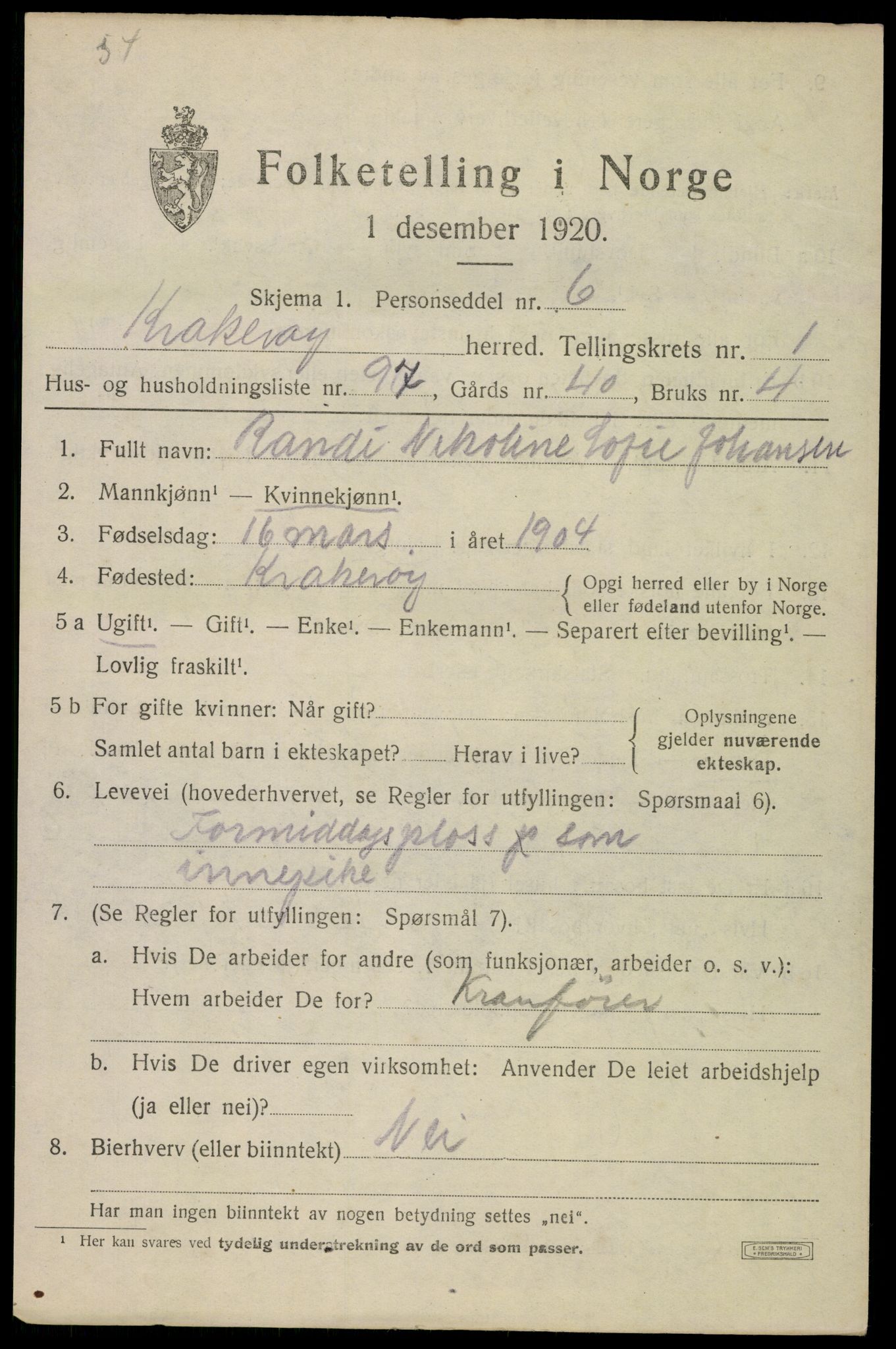 SAO, 1920 census for Kråkerøy, 1920, p. 2374